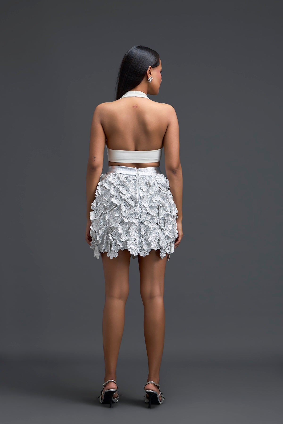 White Halter Crop Top and Silver Floral Mini Skirt