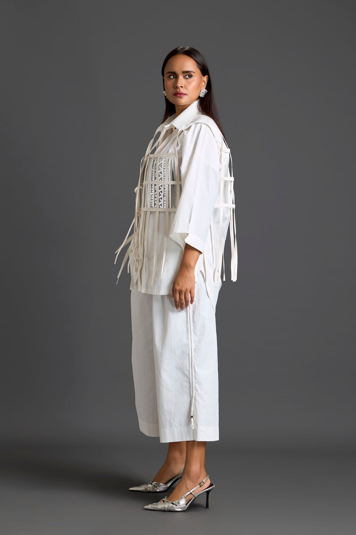 White Structured Cage Shirt and Wide-Leg Pants Set