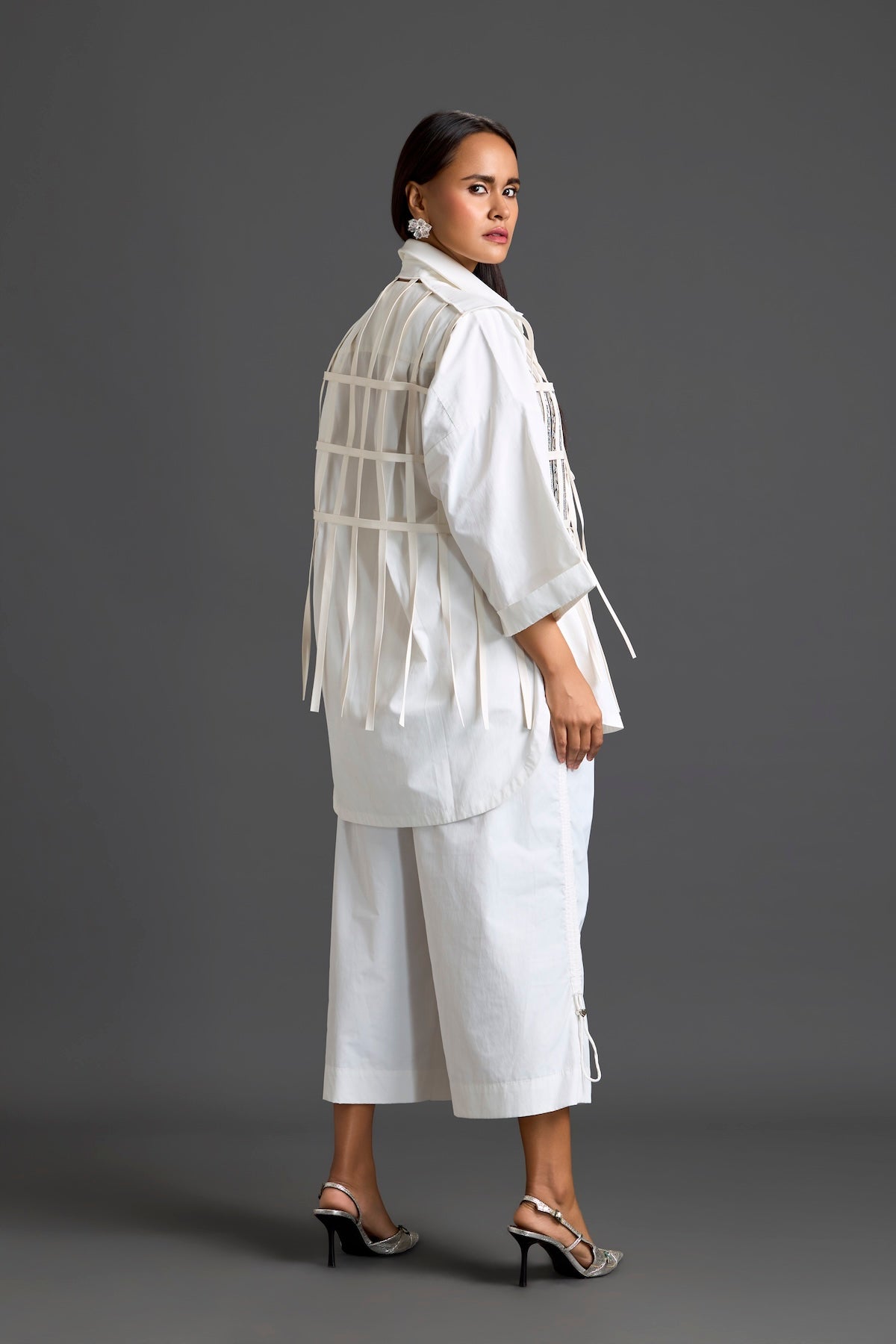 White Structured Cage Shirt and Wide-Leg Pants Set