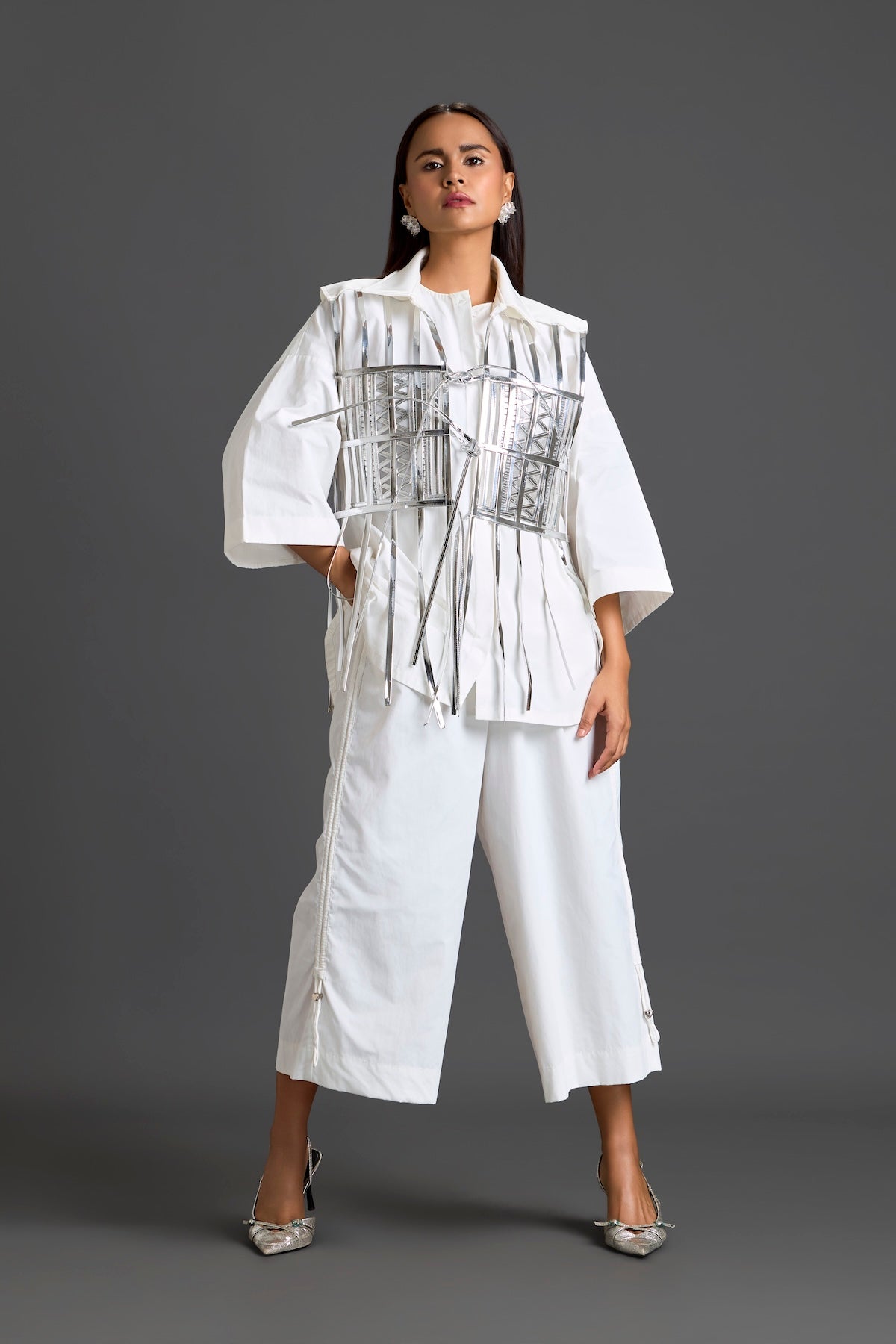 Silver Cage Panel Shirt and Wide-Leg Pants Set