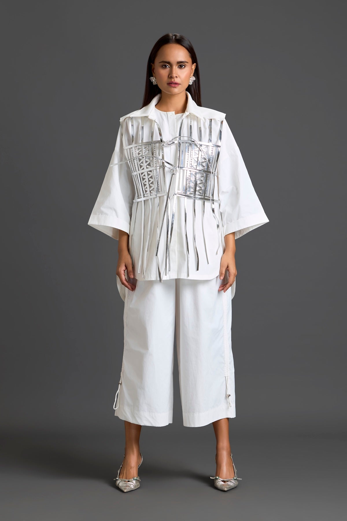 Silver Cage Panel Shirt and Wide-Leg Pants Set