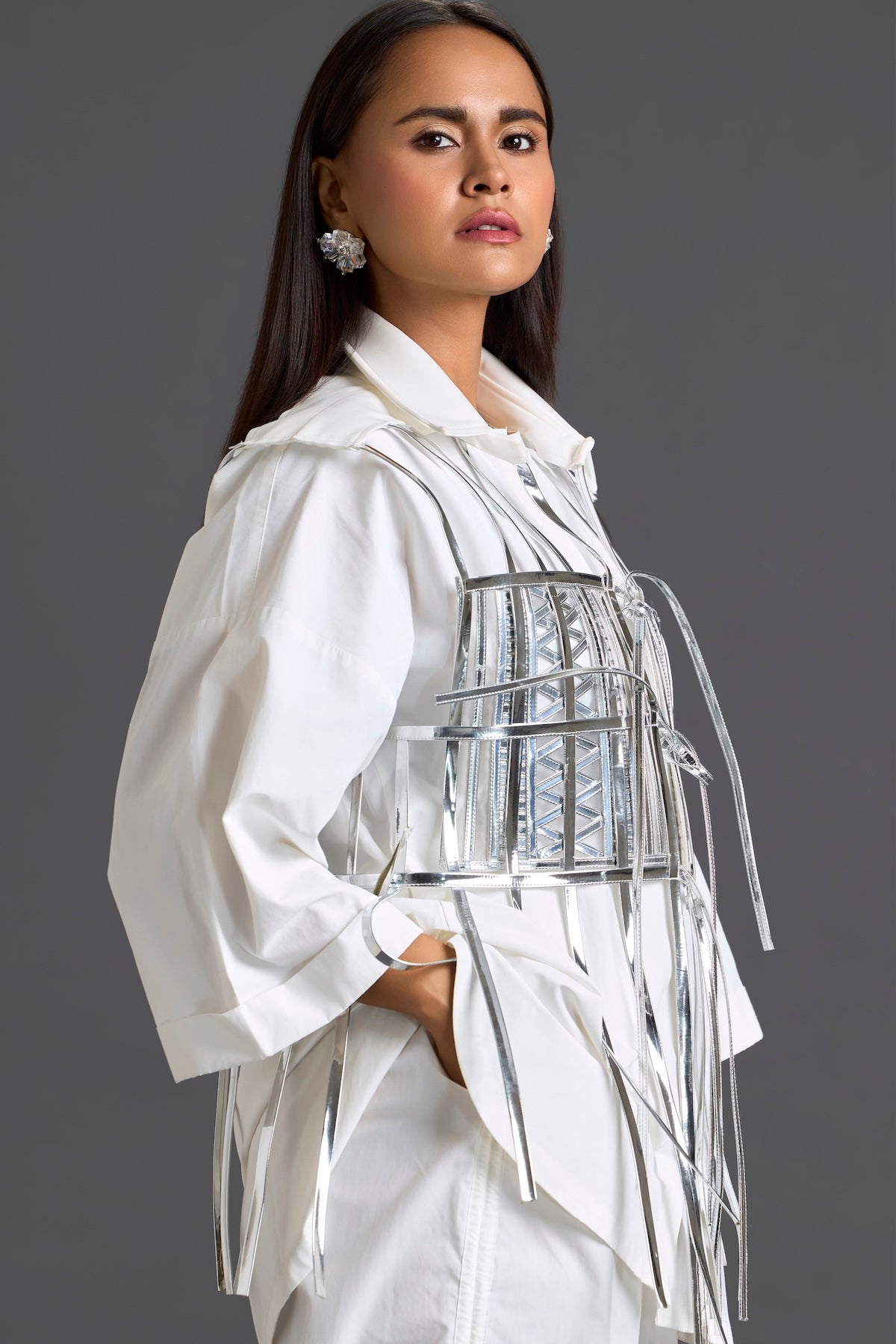 Silver Cage Panel Shirt and Wide-Leg Pants Set