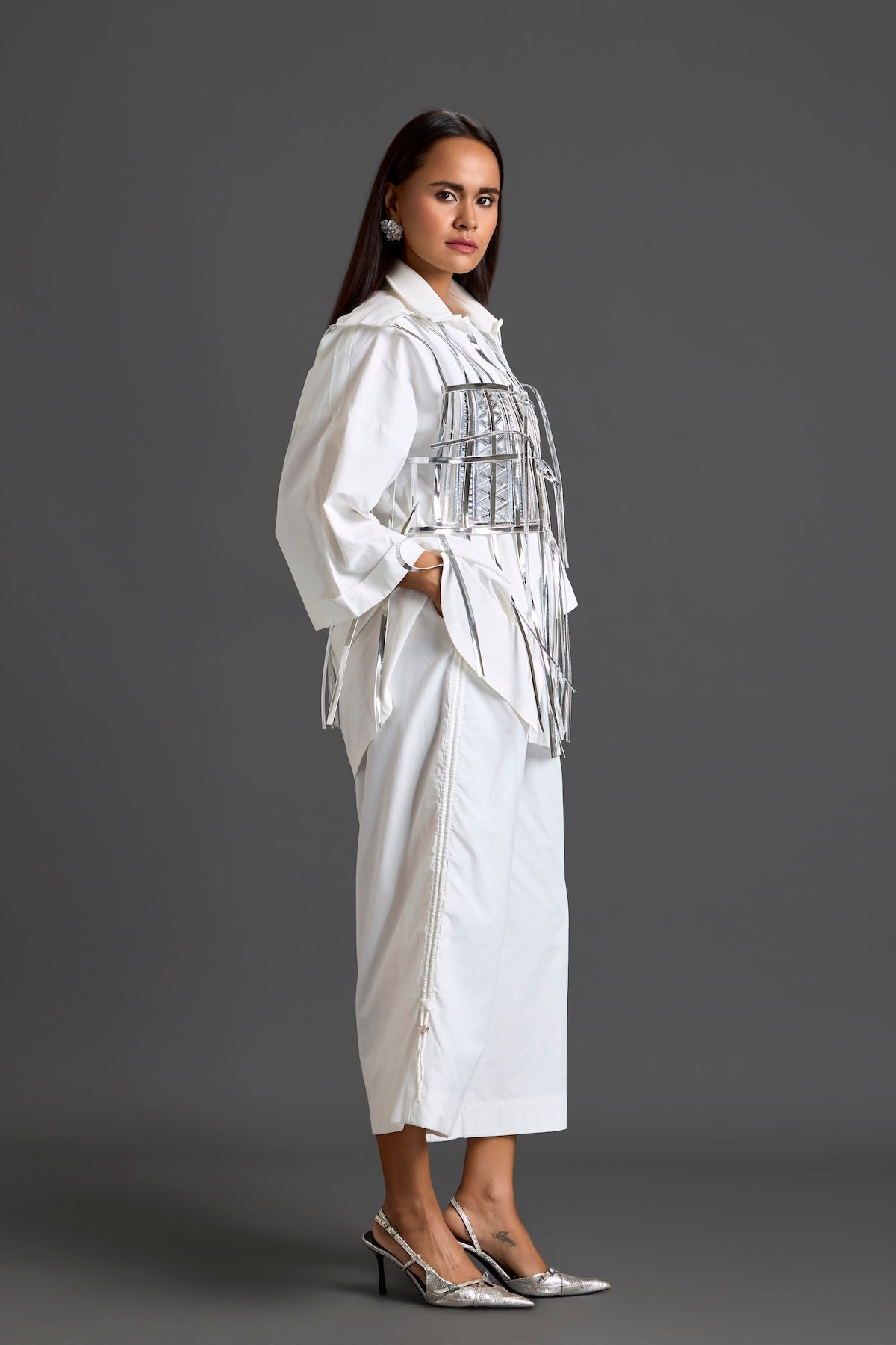 Silver Cage Panel Shirt and Wide-Leg Pants Set