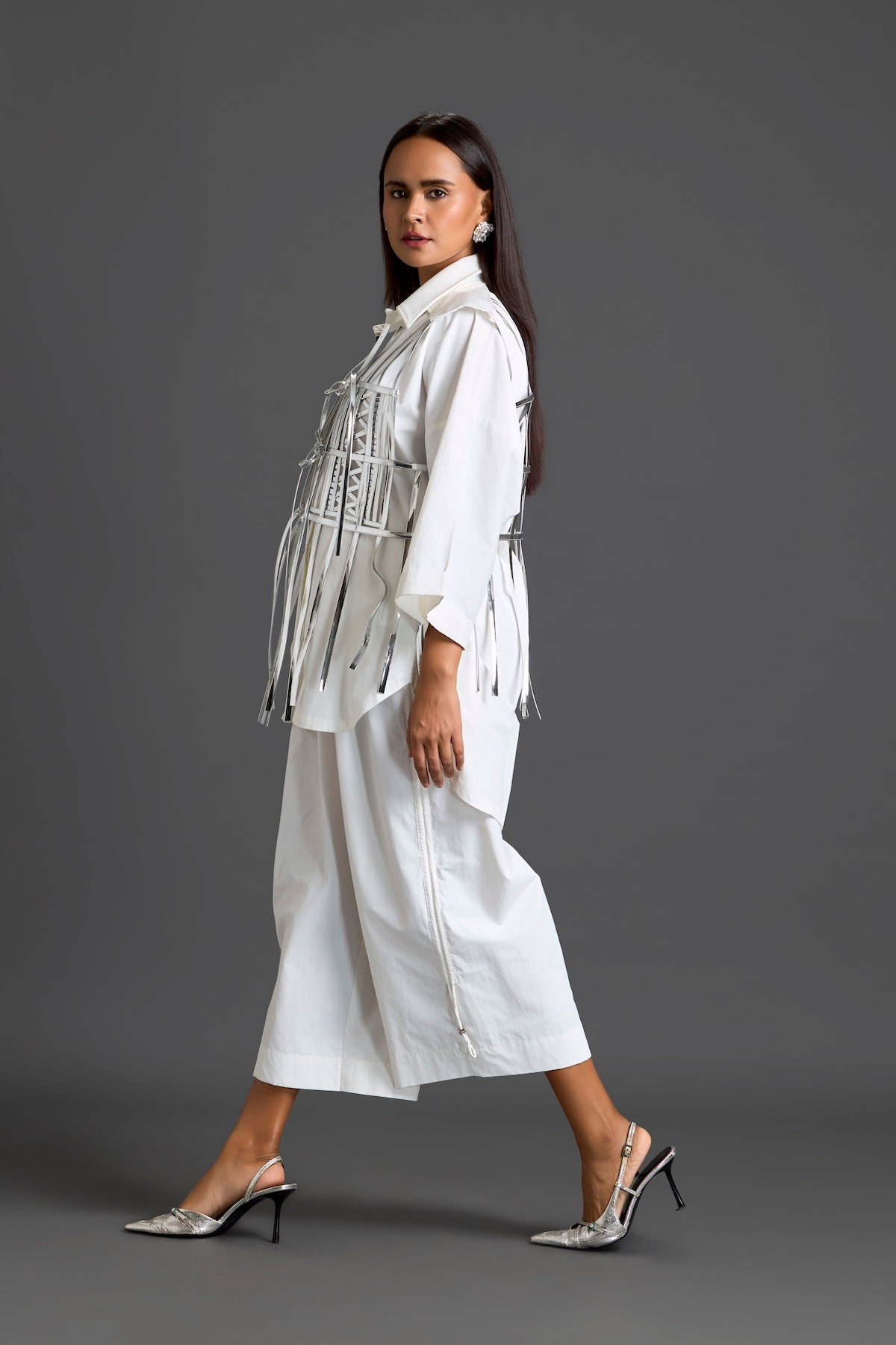 Silver Cage Panel Shirt and Wide-Leg Pants Set
