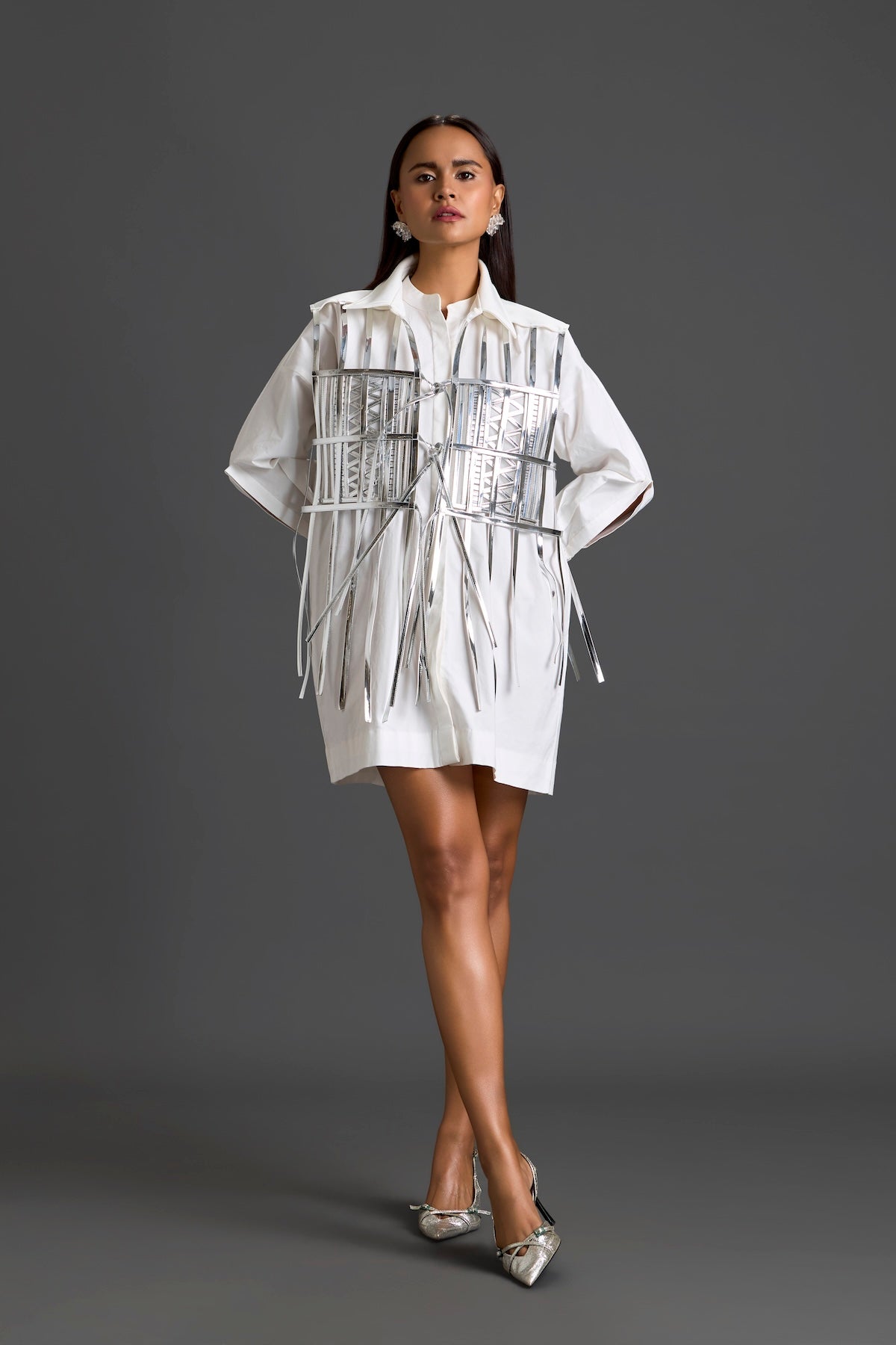 White Shirt Dress with Silver Metallic Cage Panel
