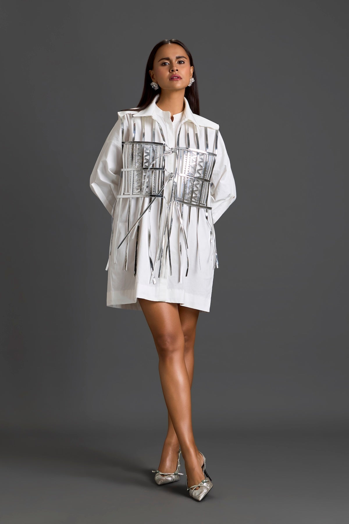 White Shirt Dress with Silver Metallic Cage Panel