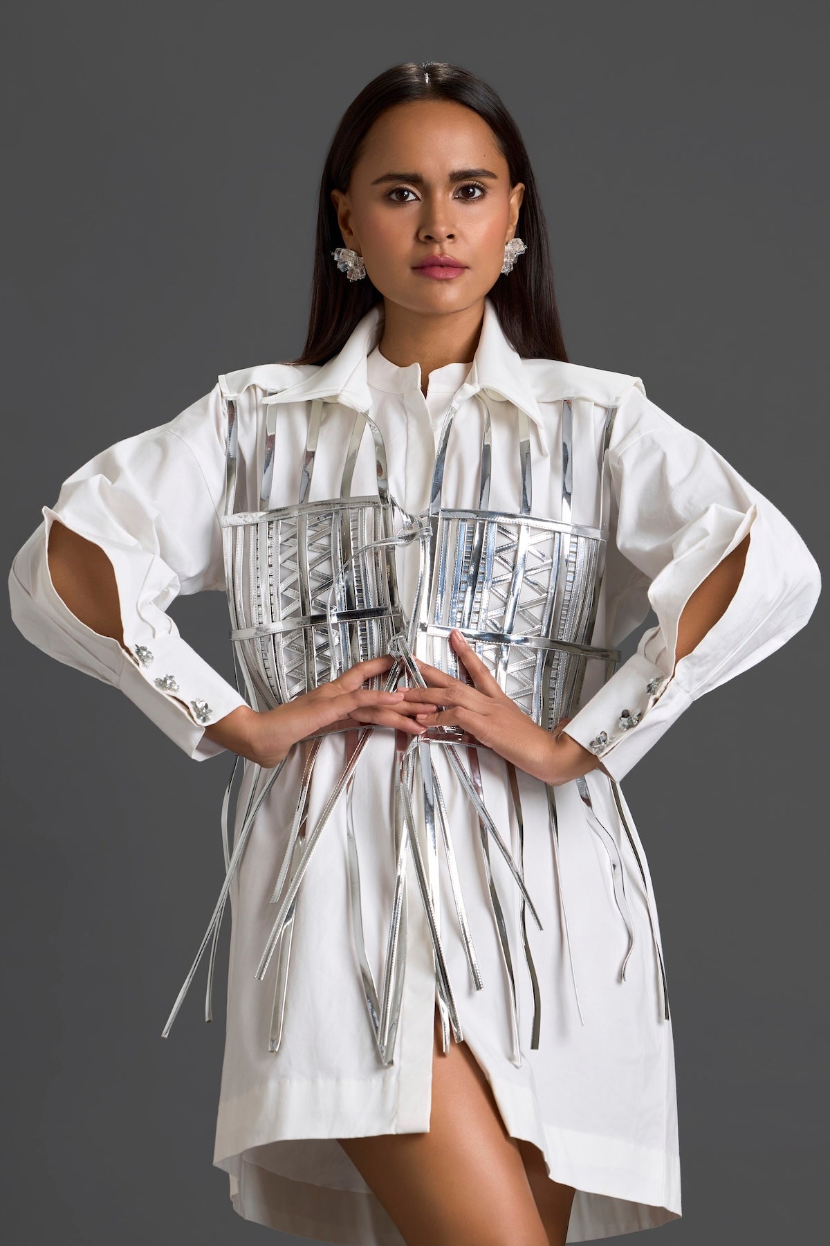 White Shirt Dress with Silver Metallic Cage Panel