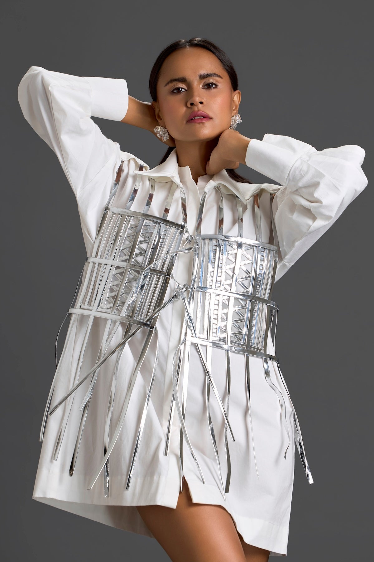 White Shirt Dress with Silver Metallic Cage Panel
