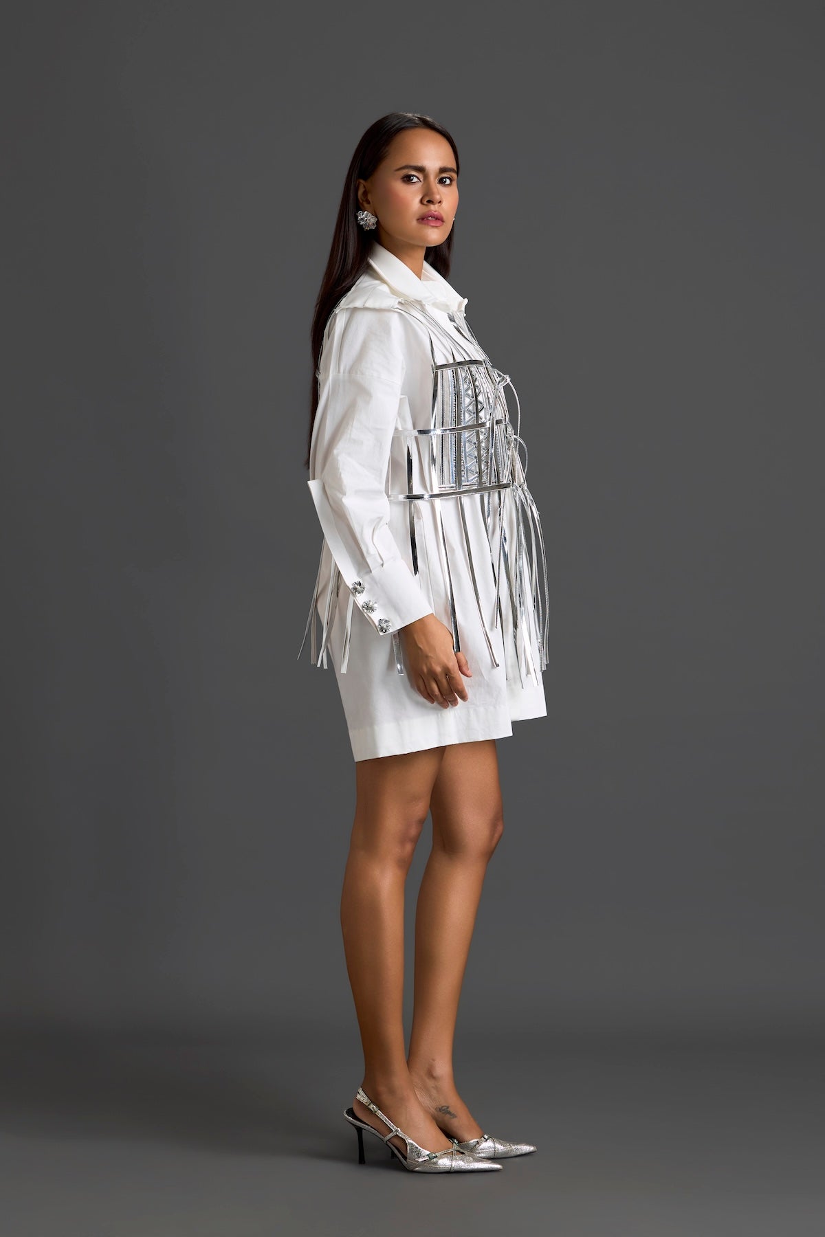 White Shirt Dress with Silver Metallic Cage Panel