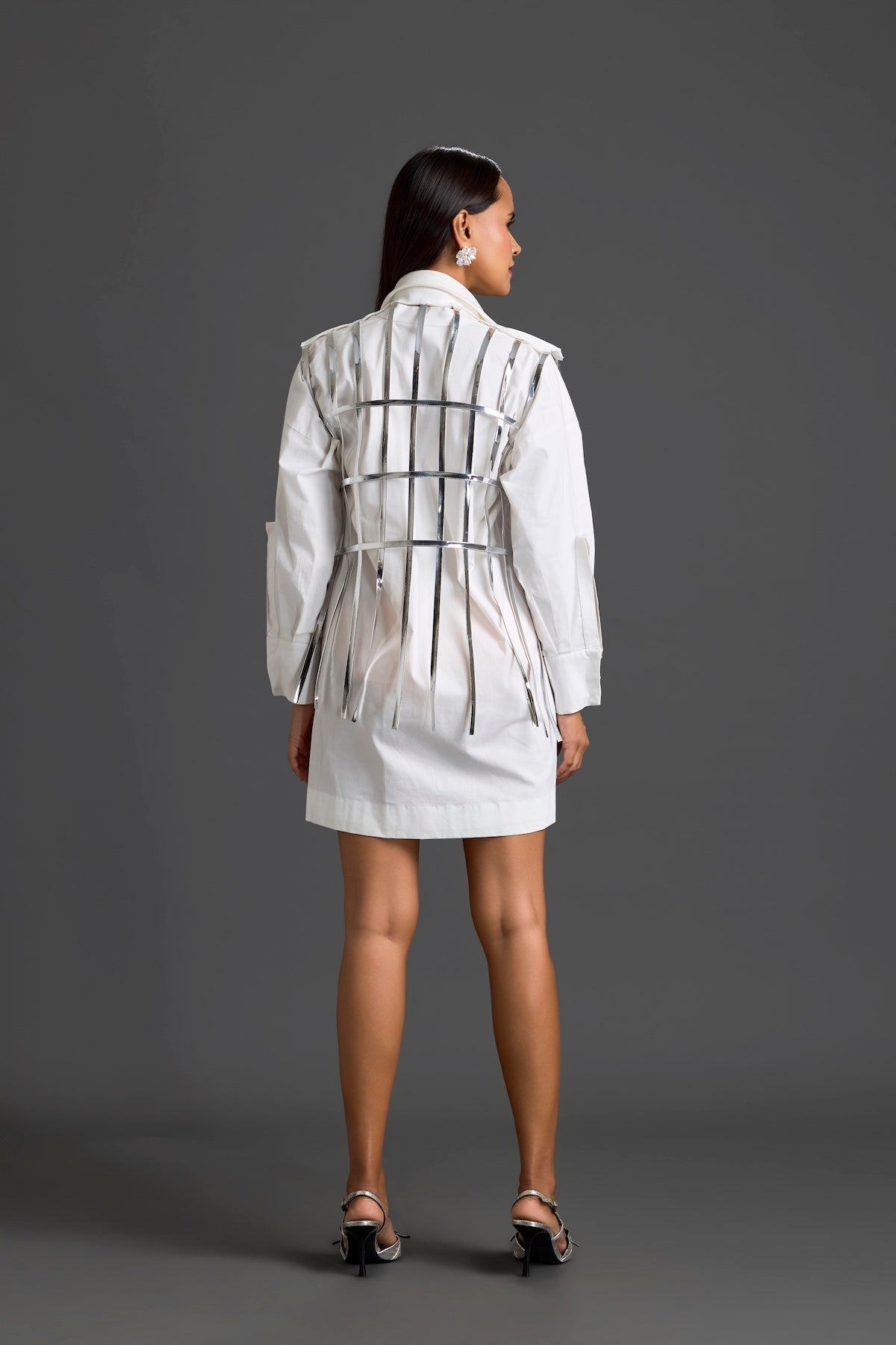 White Shirt Dress with Silver Metallic Cage Panel