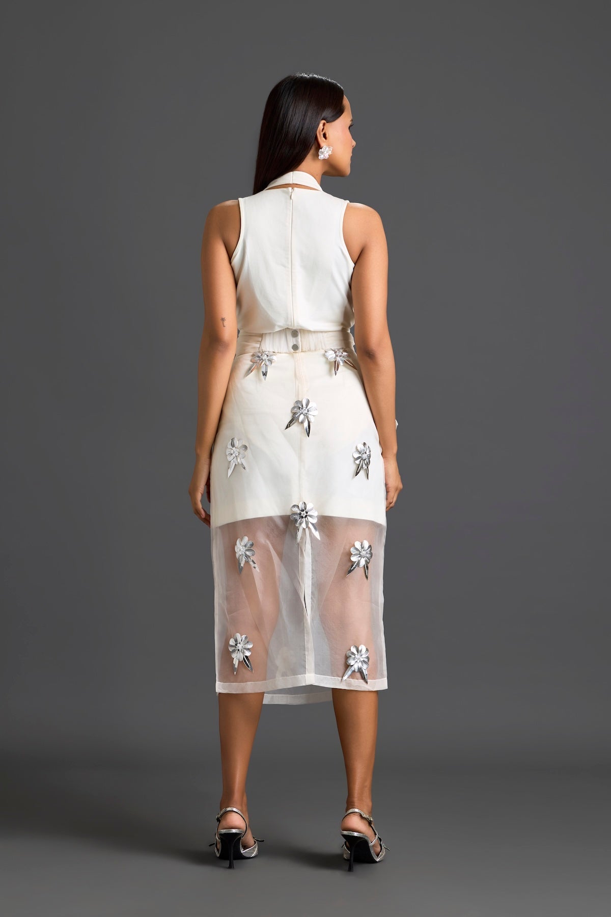 White Halter Top and Silver Floral Sheer Skirt Set