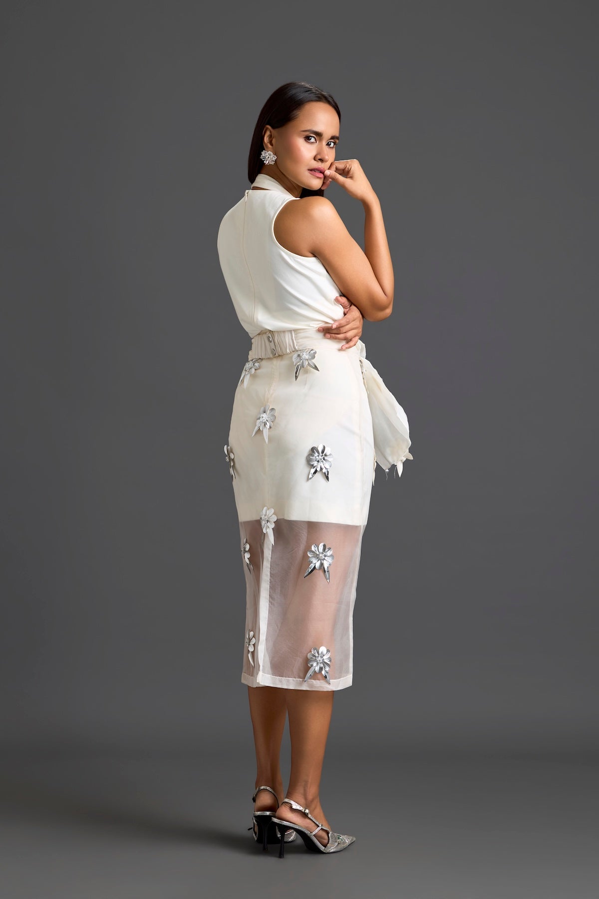 White Halter Top and Silver Floral Sheer Skirt Set