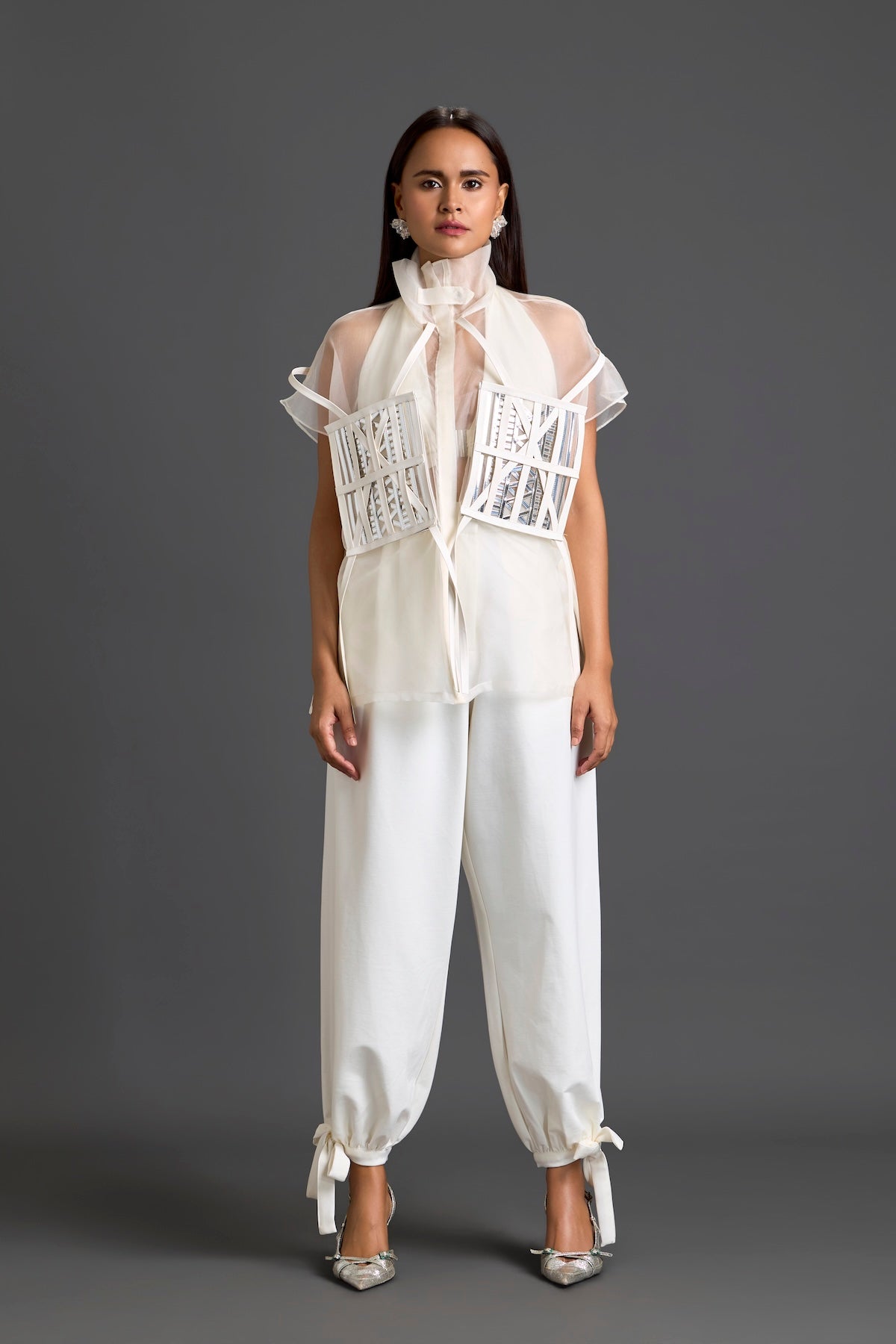 White Sheer Structured Top and Tapered Pants Set