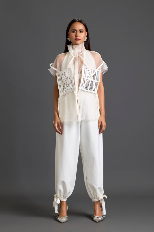 White Sheer Structured Top and Tapered Pants Set
