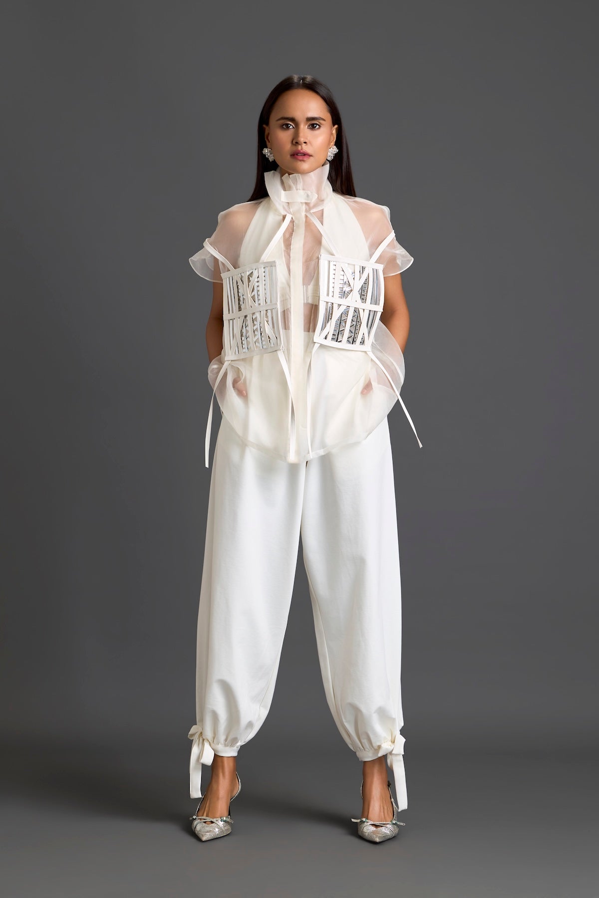White Sheer Structured Top and Tapered Pants Set