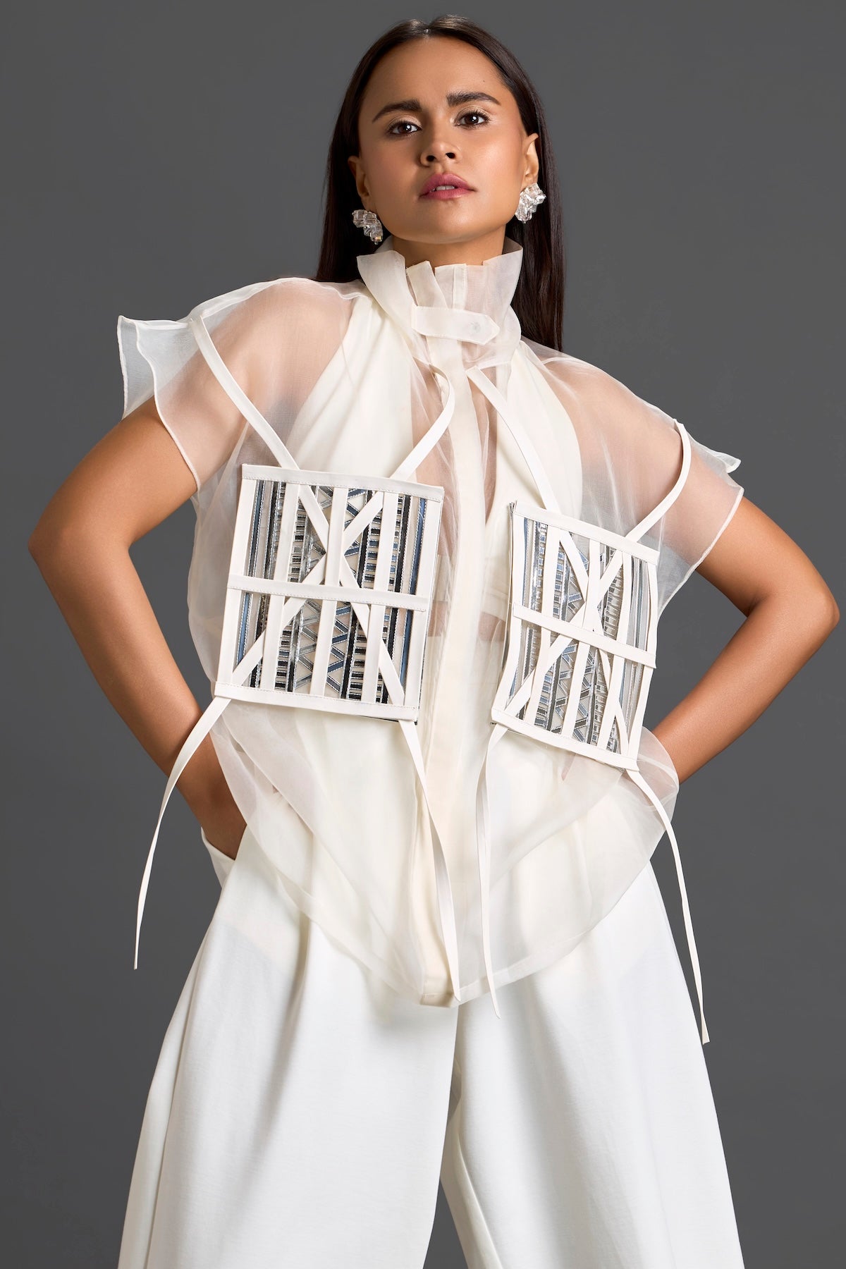 White Sheer Structured Top and Tapered Pants Set