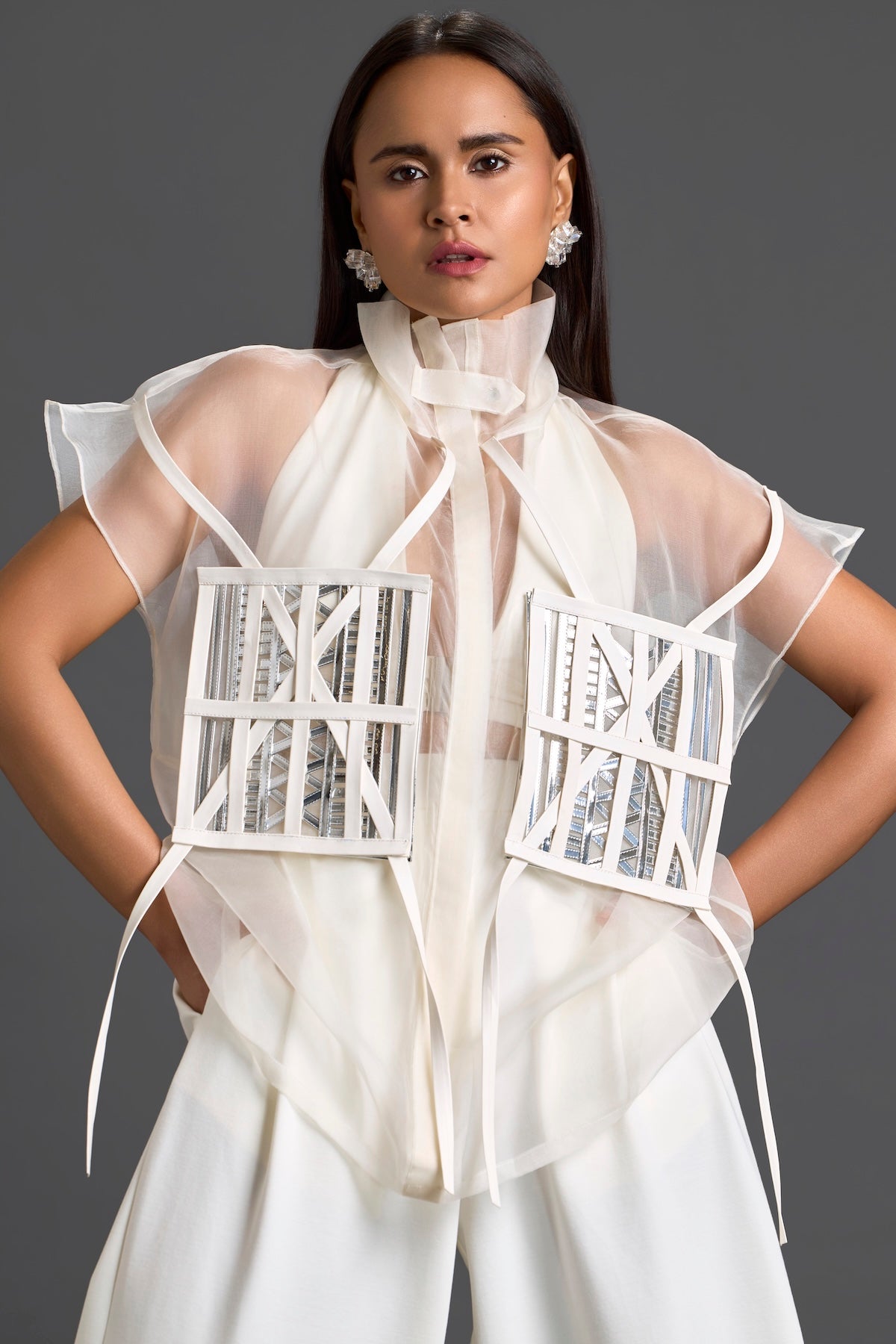 White Sheer Structured Top and Tapered Pants Set
