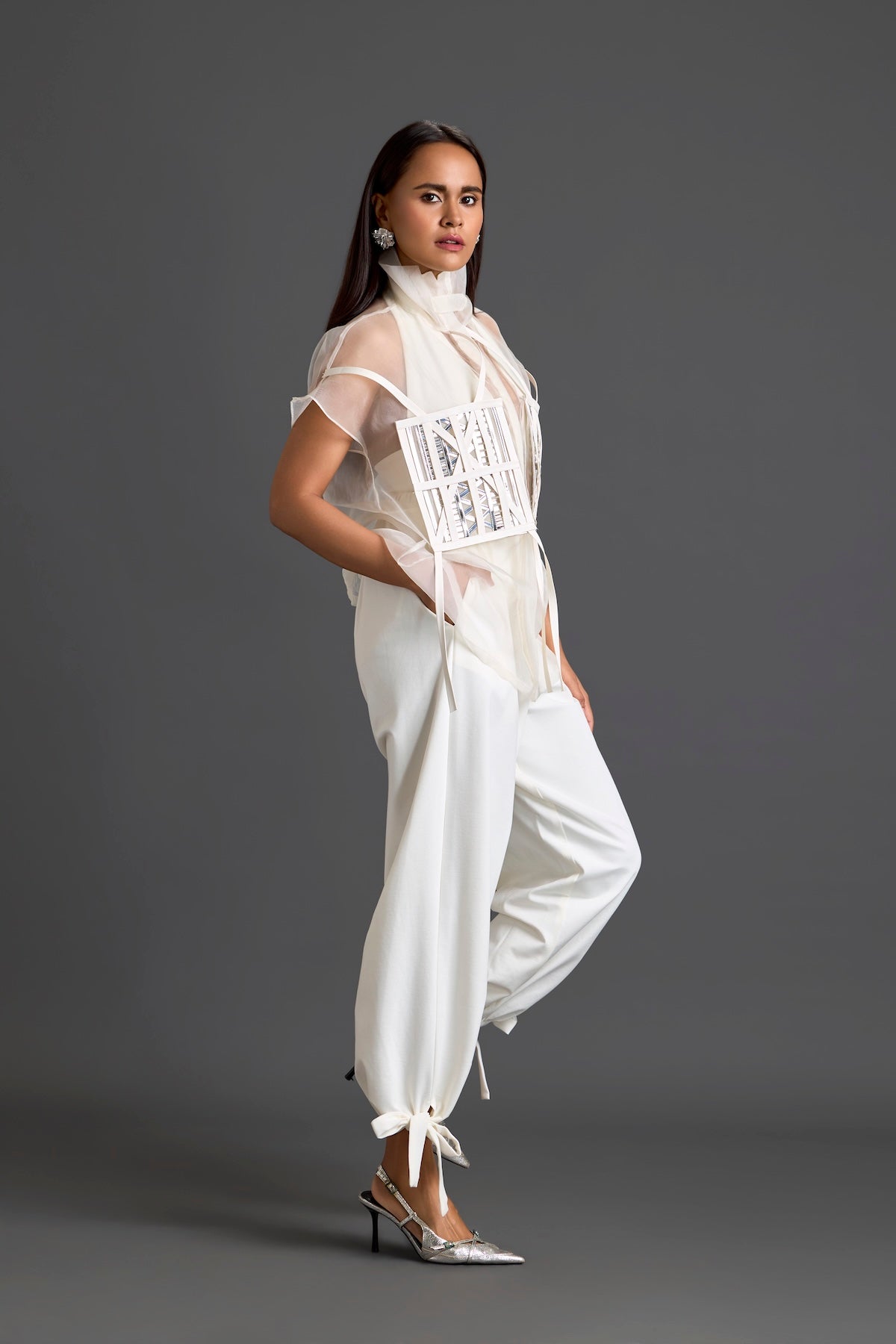 White Sheer Structured Top and Tapered Pants Set