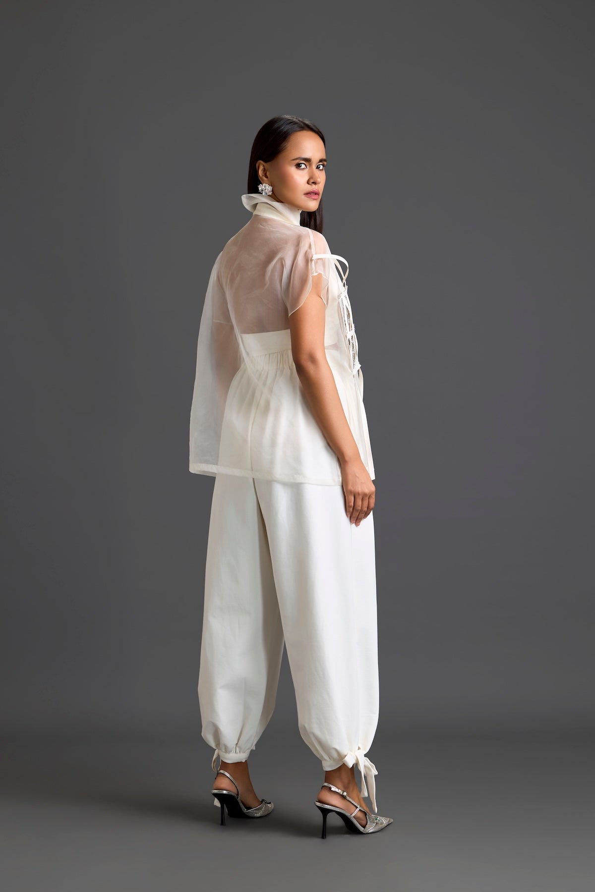 White Sheer Structured Top and Tapered Pants Set