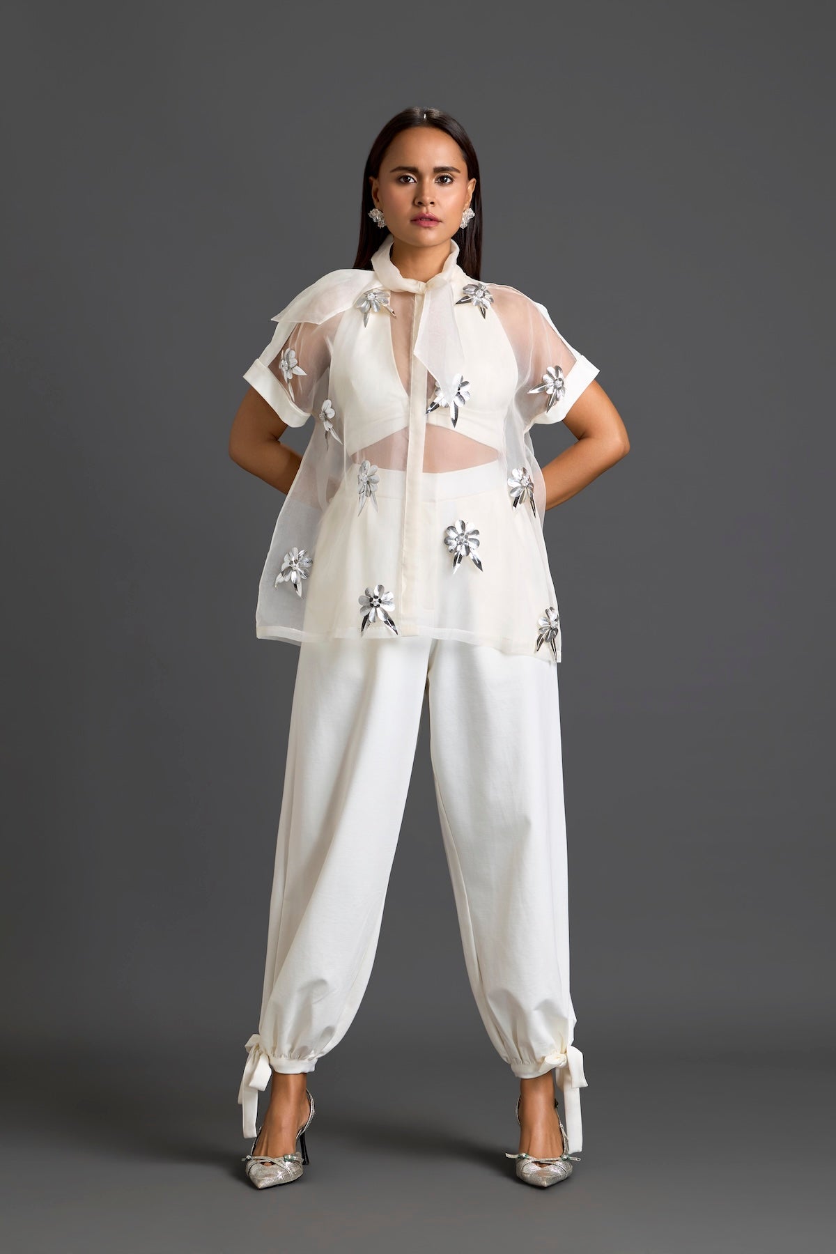 White Sheer Floral Top and Tapered Pants Set