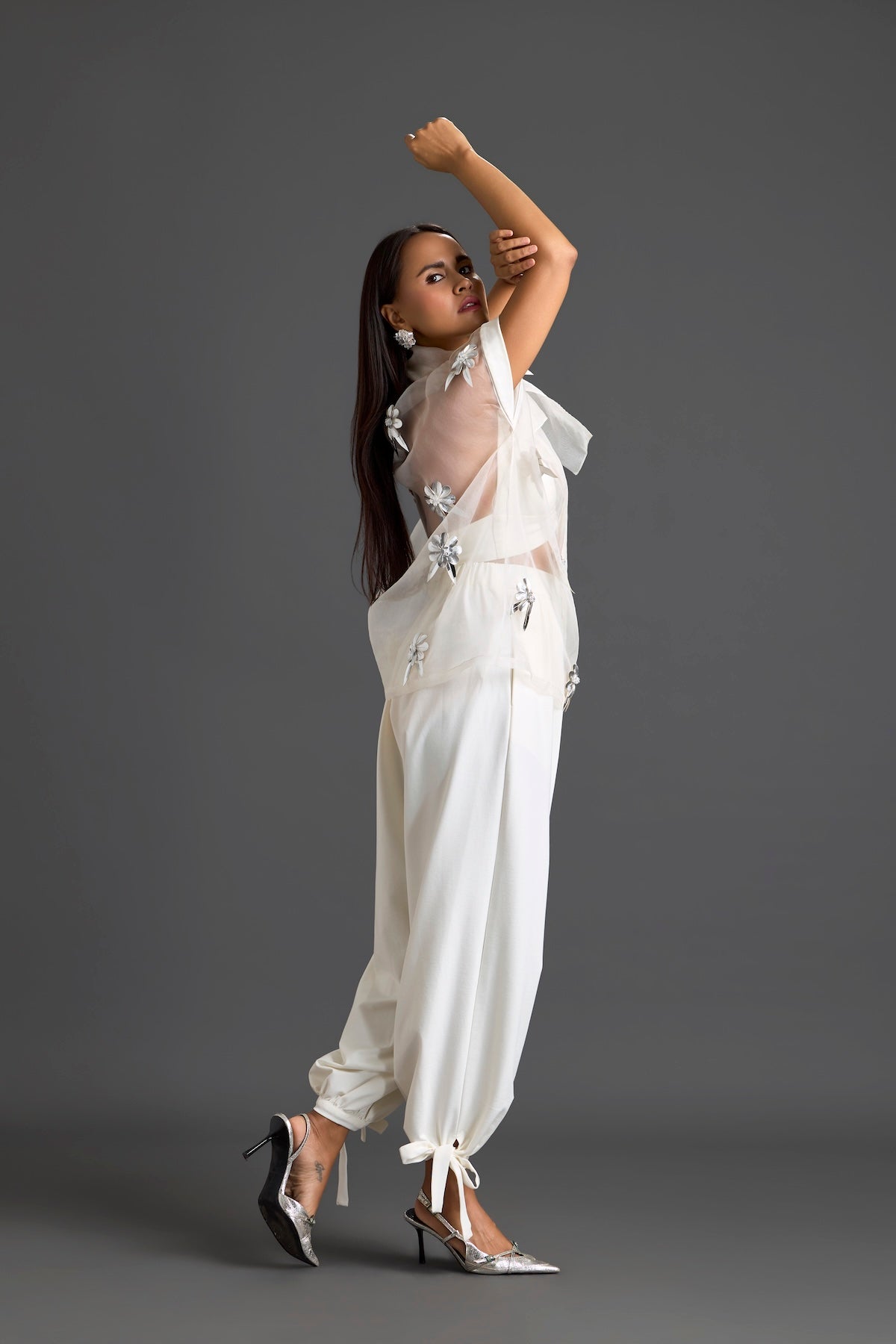 White Sheer Floral Top and Tapered Pants Set
