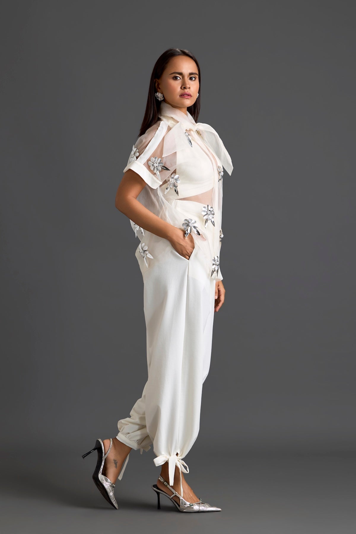White Sheer Floral Top and Tapered Pants Set