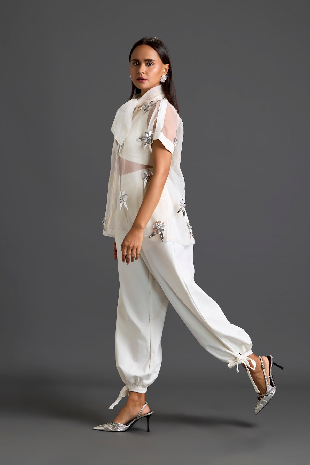 White Sheer Floral Top and Tapered Pants Set