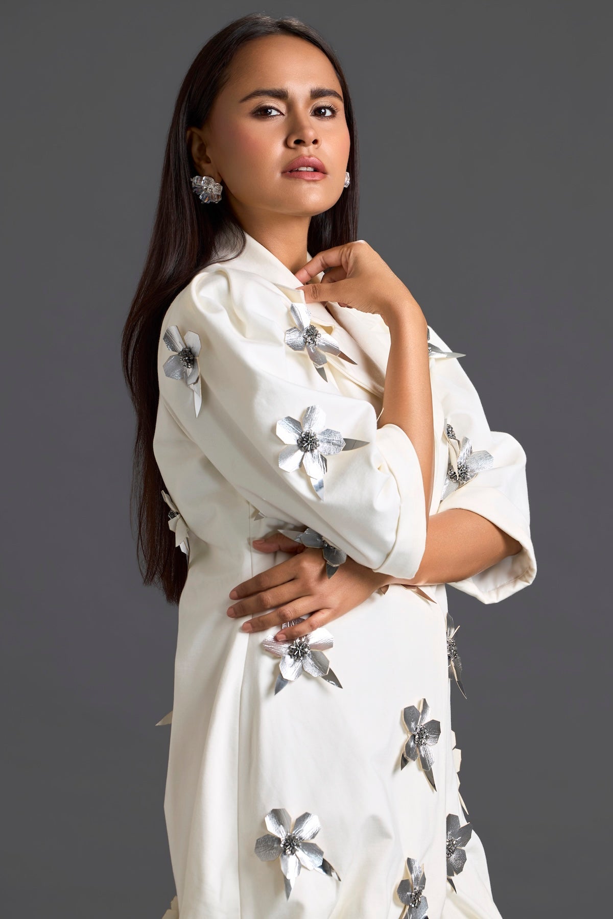 White 3D Floral Blazer Dress