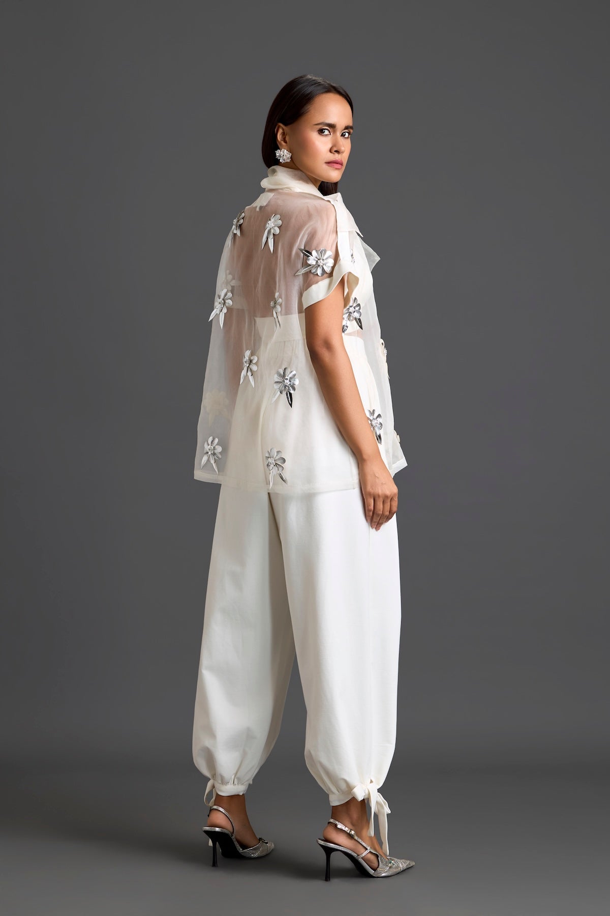 White Sheer Floral Top and Tapered Pants Set