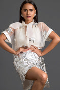 Load image into Gallery viewer, White Sheer Floral Top and Silver Cutout Shorts Set
