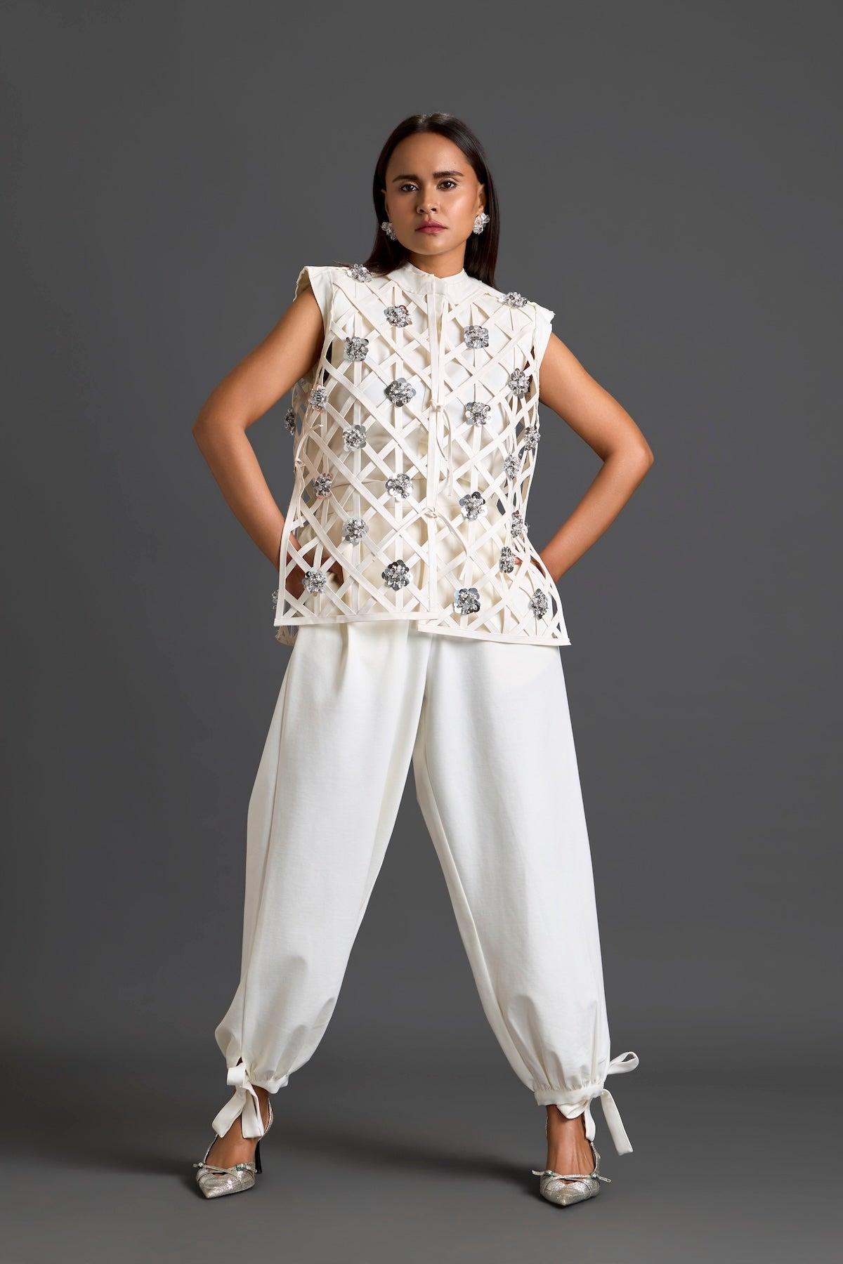 White Lattice Floral Vest and Tapered Pants Set