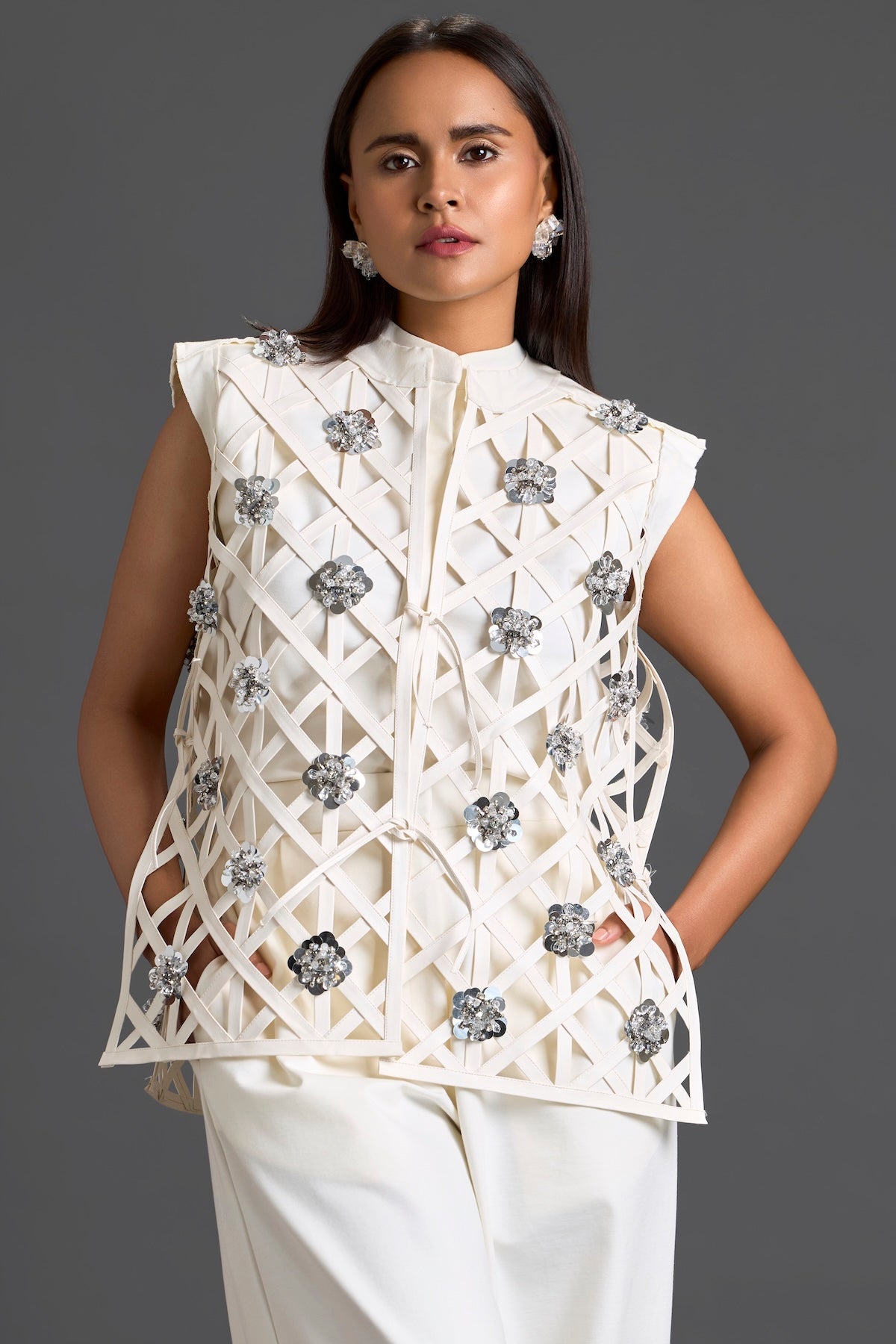 White Lattice Floral Vest and Tapered Pants Set