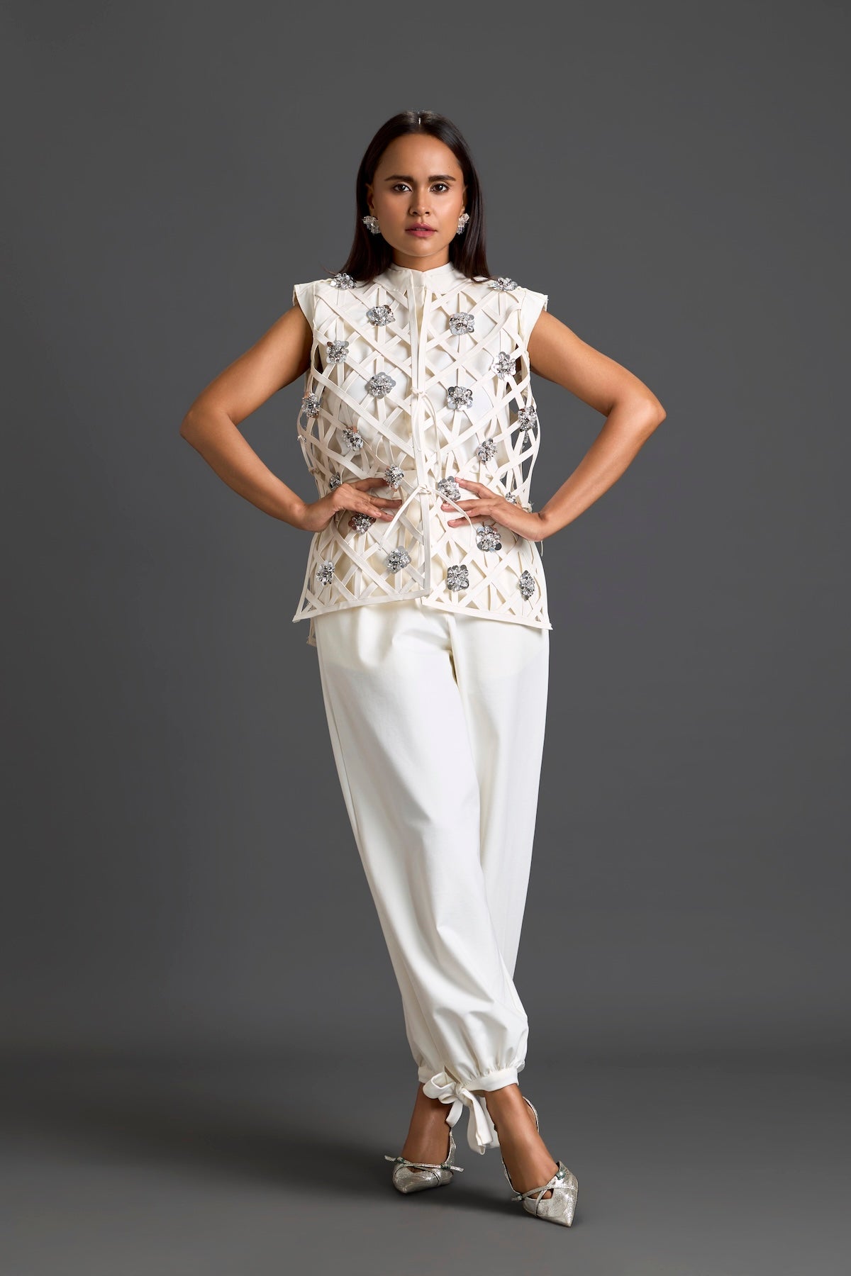 White Lattice Floral Vest and Tapered Pants Set