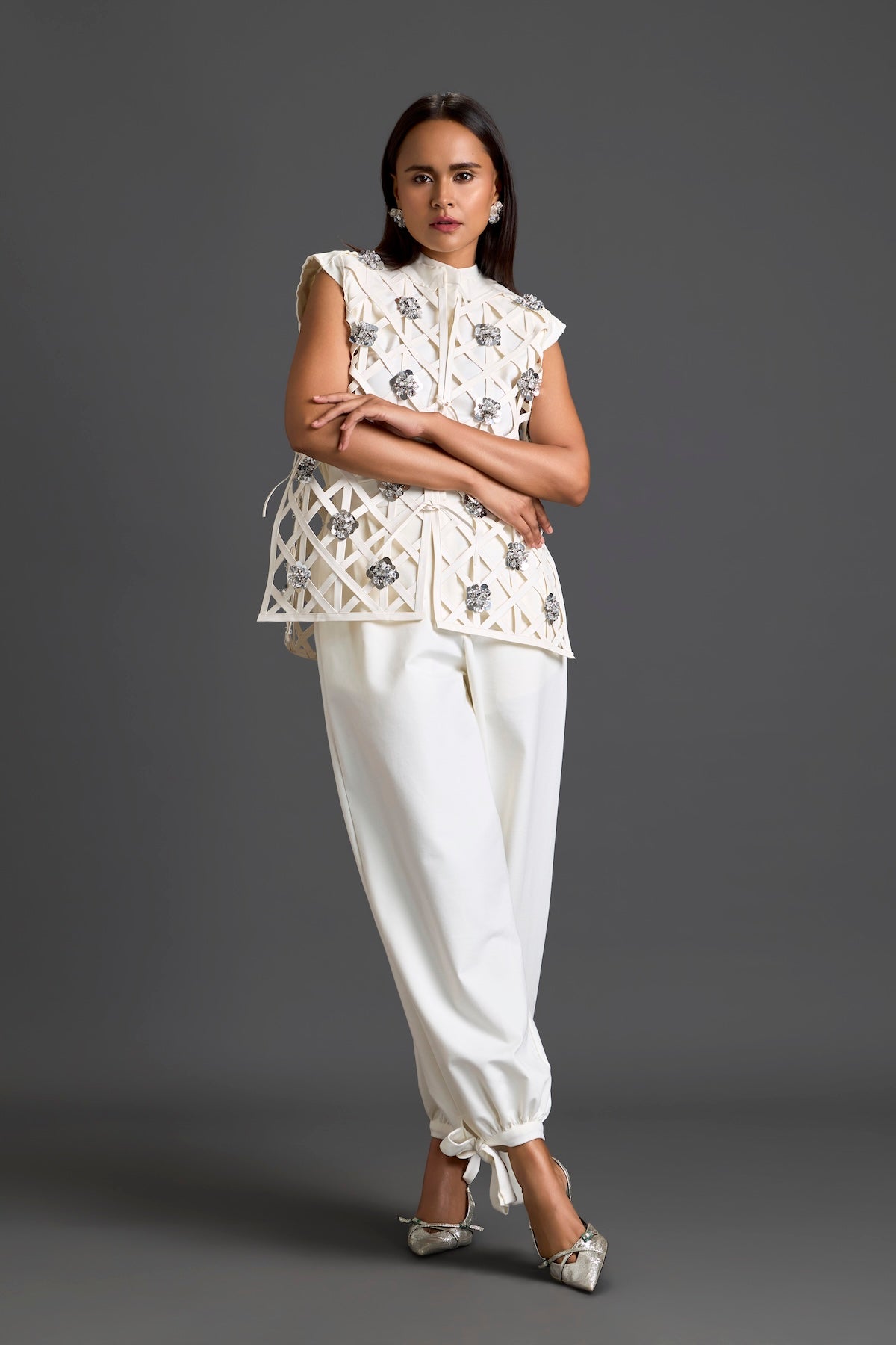 White Lattice Floral Vest and Tapered Pants Set