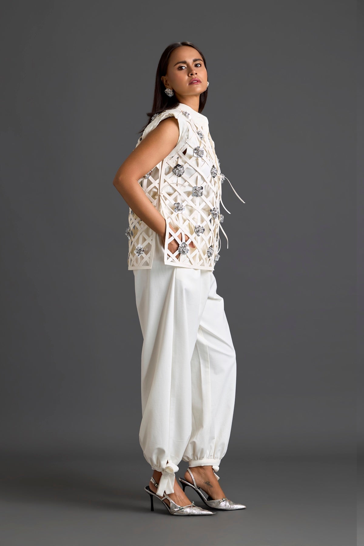 White Lattice Floral Vest and Tapered Pants Set