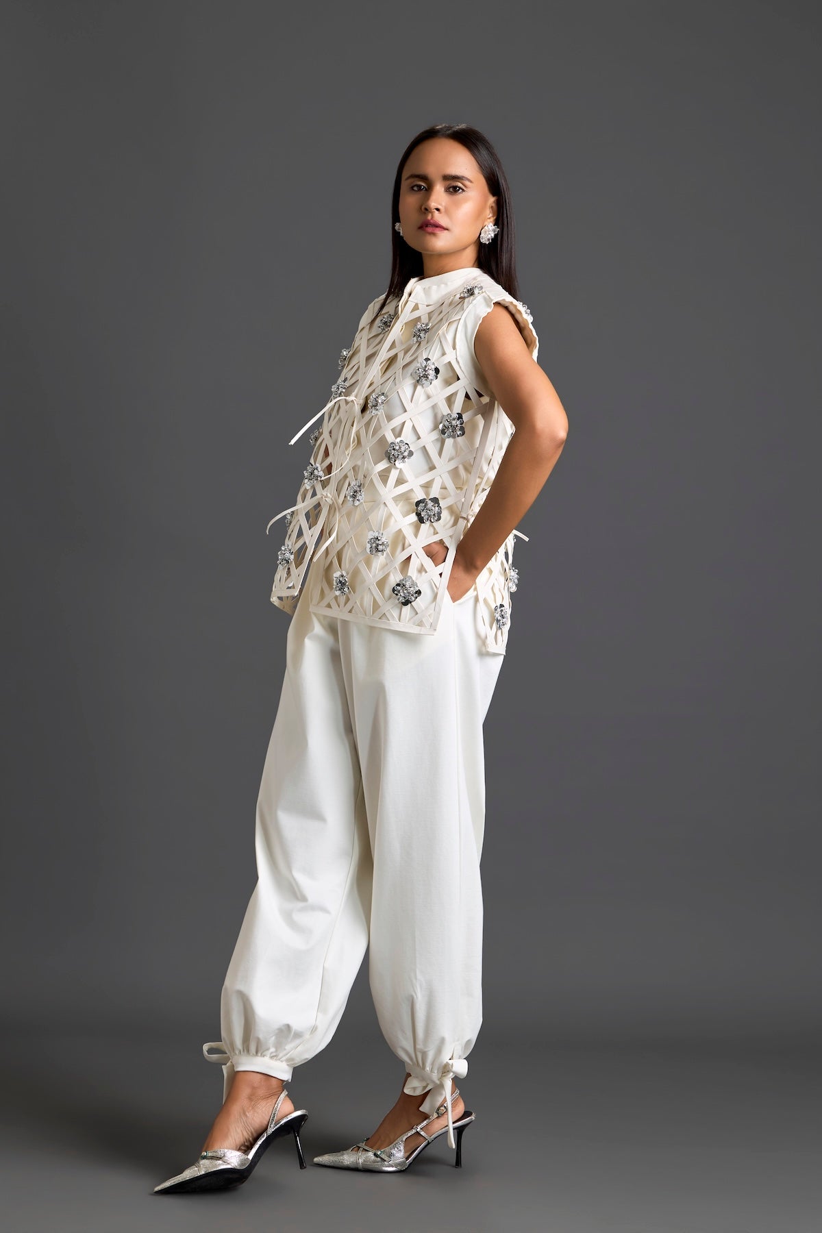 White Lattice Floral Vest and Tapered Pants Set