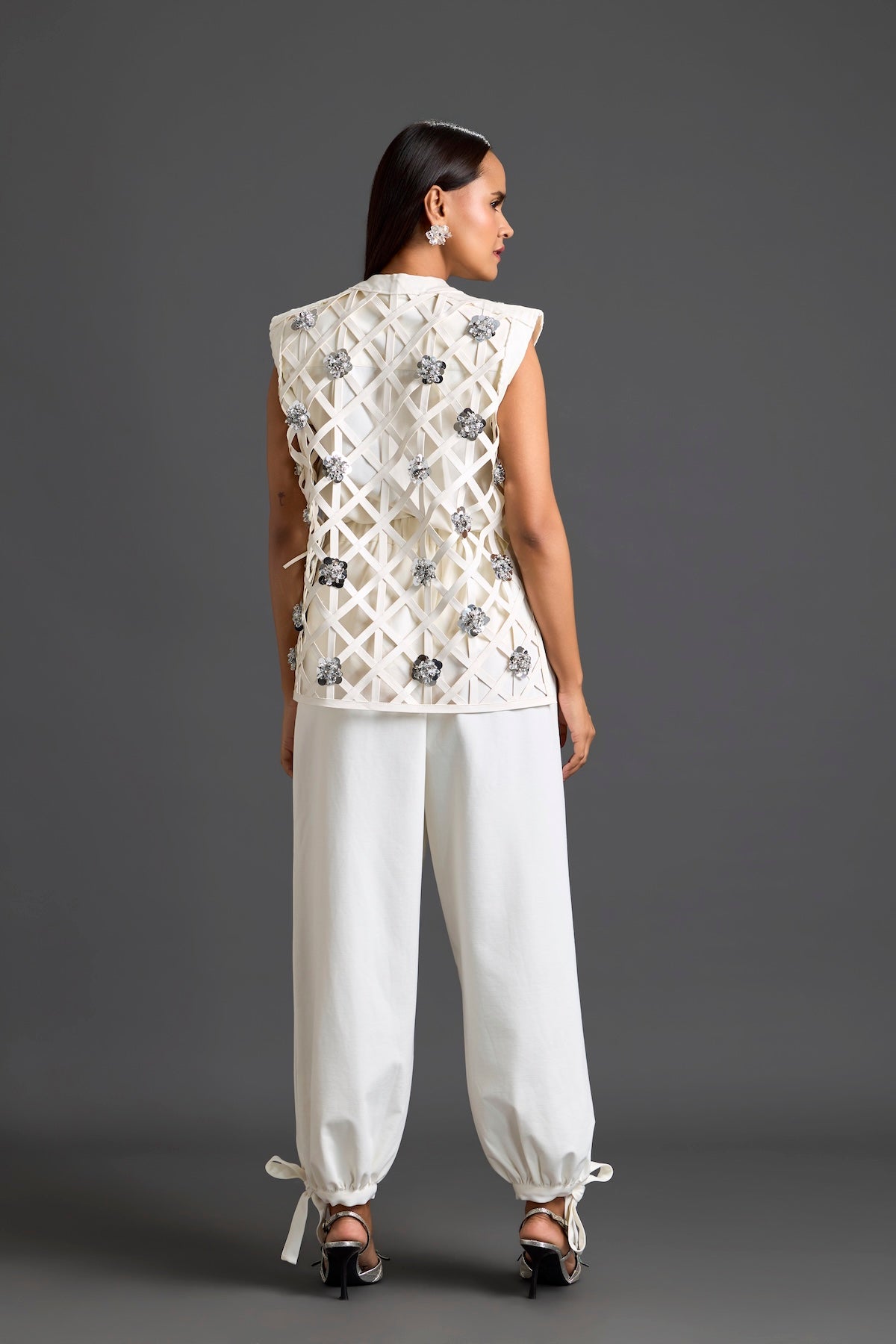 White Lattice Floral Vest and Tapered Pants Set