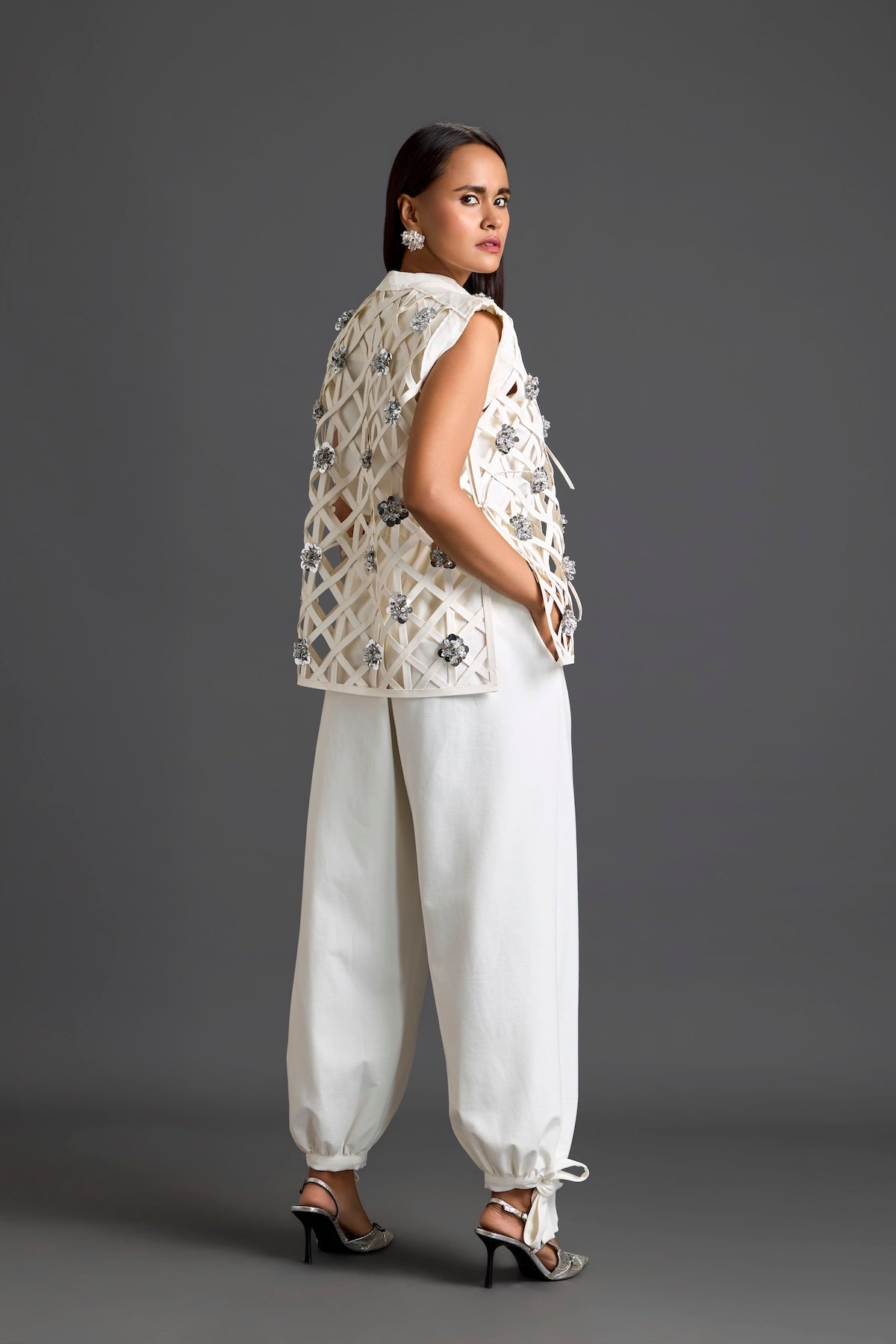 White Lattice Floral Vest and Tapered Pants Set