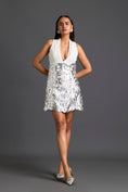 Load image into Gallery viewer, White Halter Top and Silver Laser-Cut Mini Skirt Set
