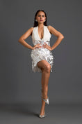 Load image into Gallery viewer, White Halter Top and Silver Laser-Cut Mini Skirt Set

