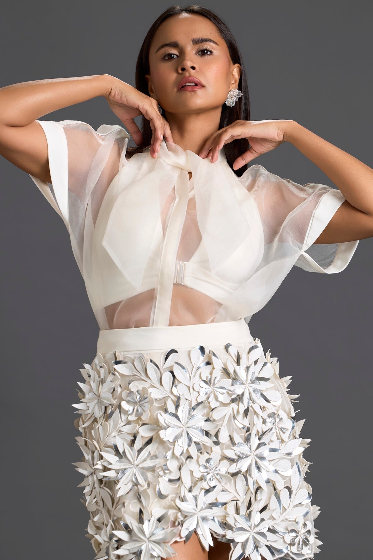 Sheer Top with Silver Floral Embroidery