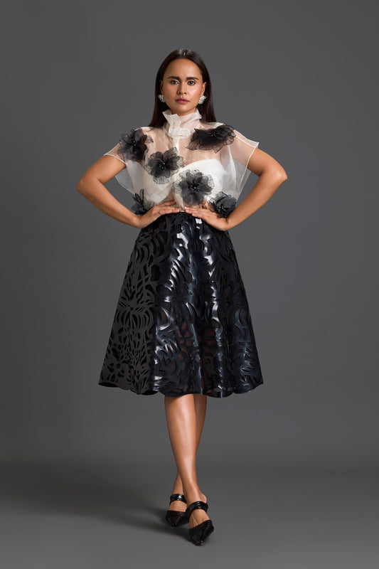 Sheer Floral Top and Black Laser-Cut Skirt Set