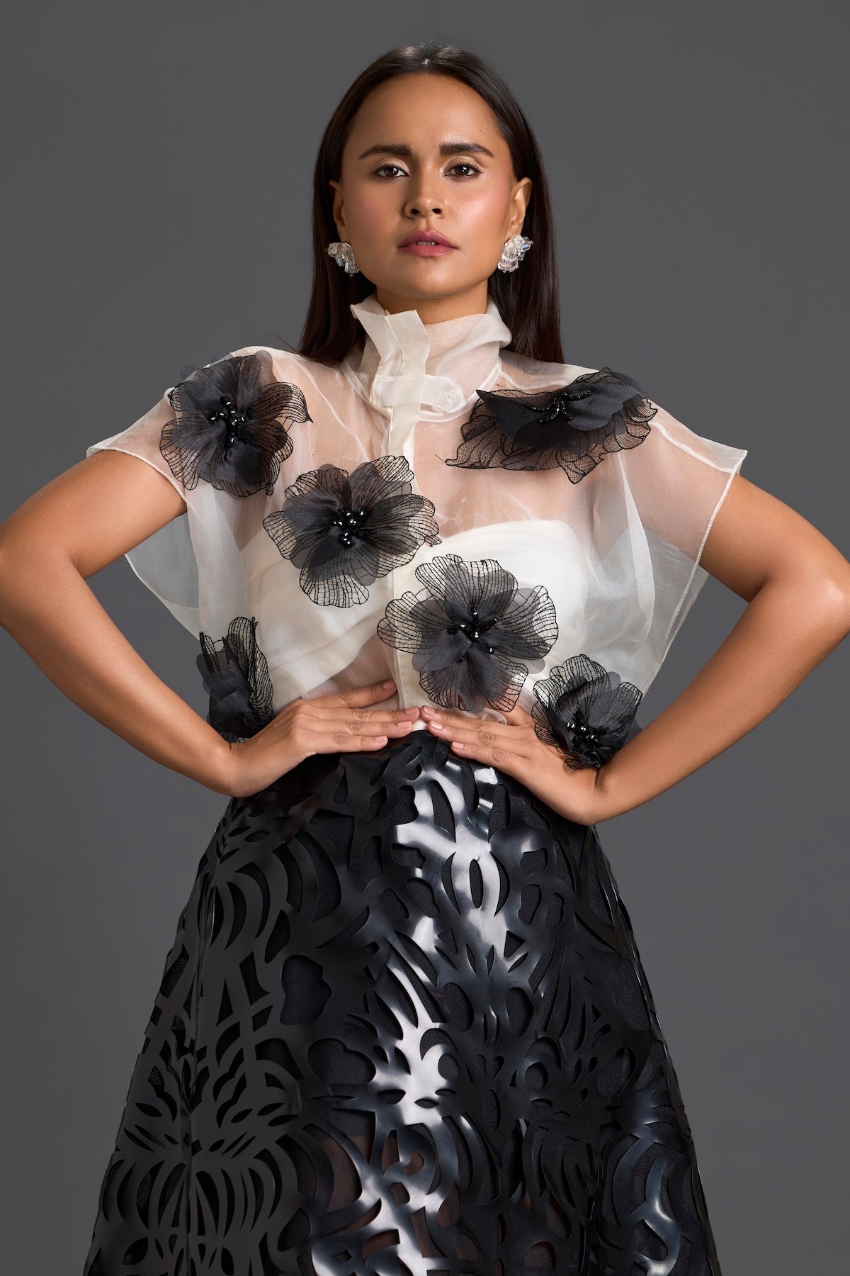 Sheer Floral Top and Black Laser-Cut Skirt Set