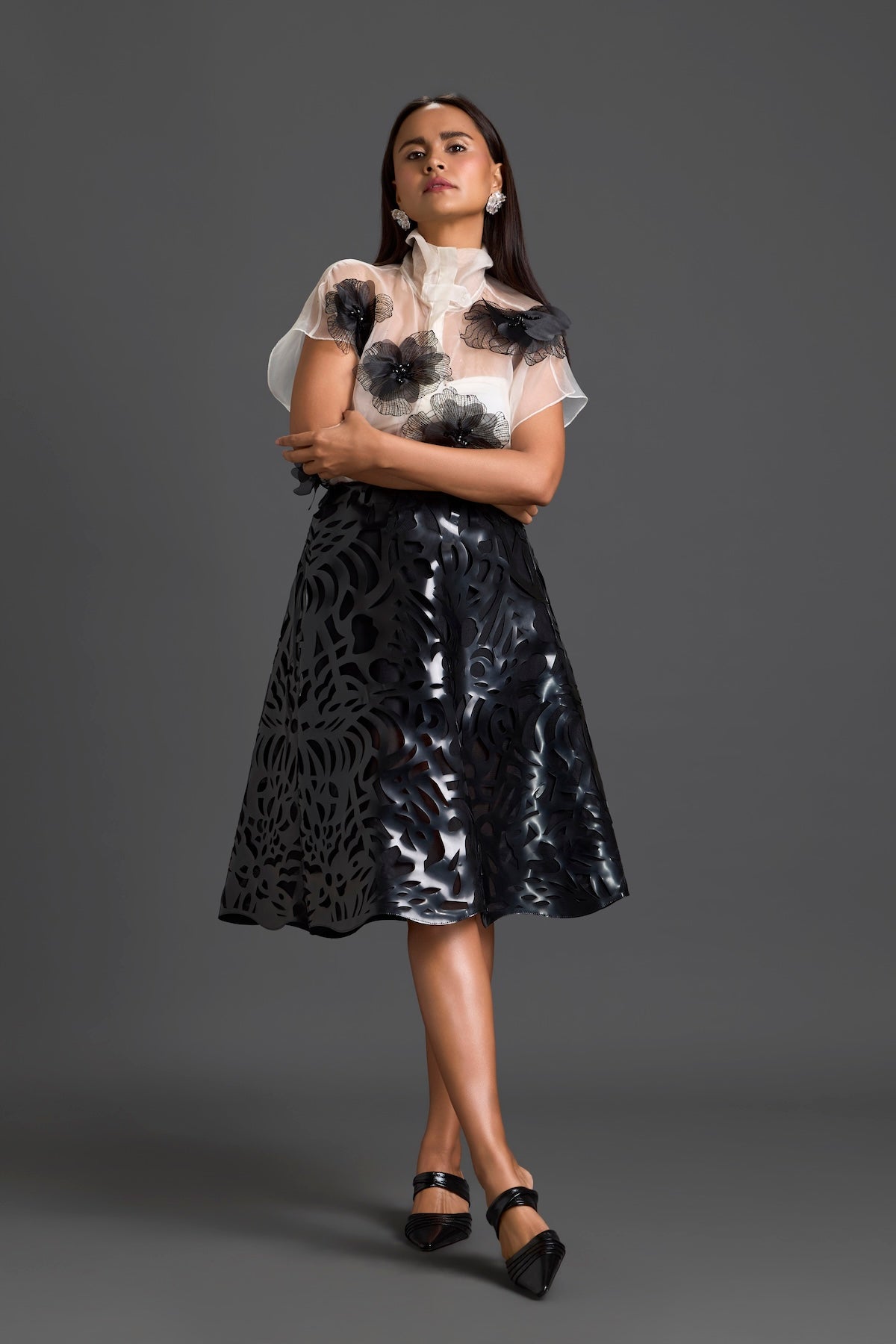 Sheer Floral Top and Black Laser-Cut Skirt Set