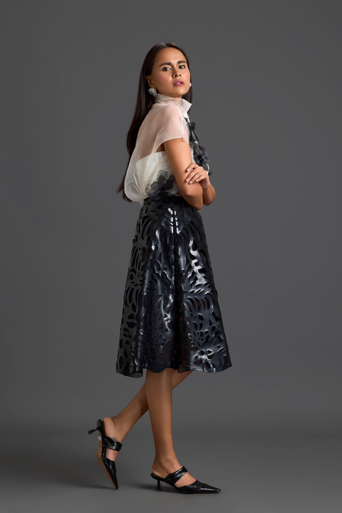 Sheer Floral Top and Black Laser-Cut Skirt Set