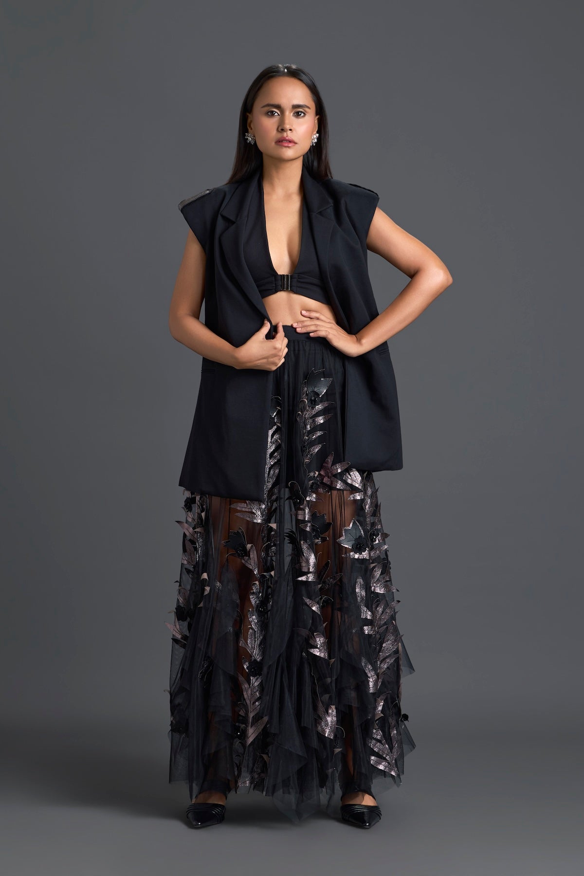 Black Sleeveless Vest and Metallic Leaf Tulle Skirt Set
