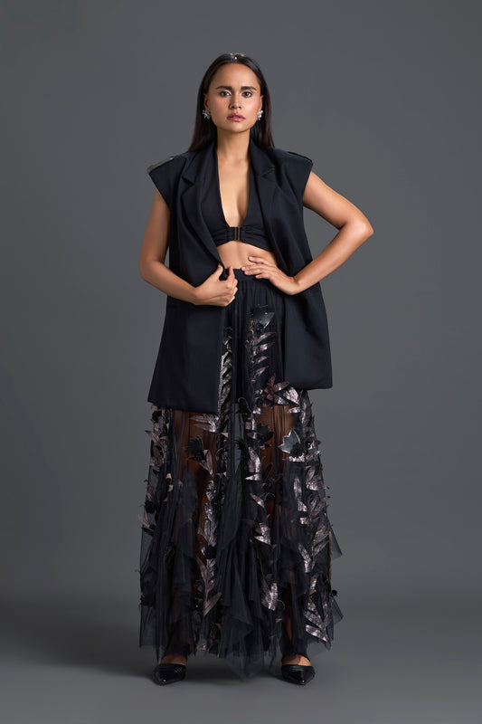 Black Sleeveless Vest and Metallic Leaf Tulle Skirt Set