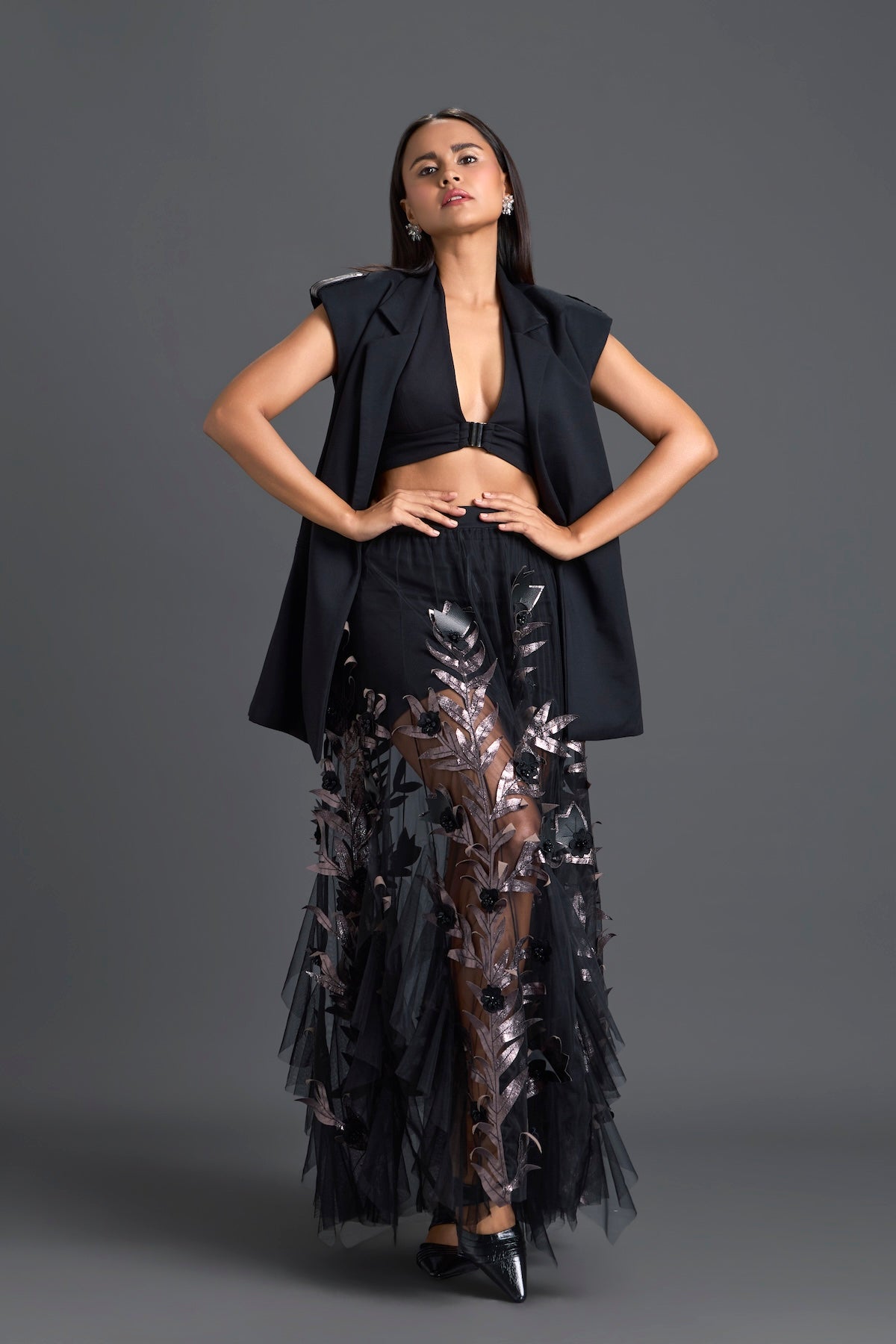 Black Sleeveless Vest and Metallic Leaf Tulle Skirt Set