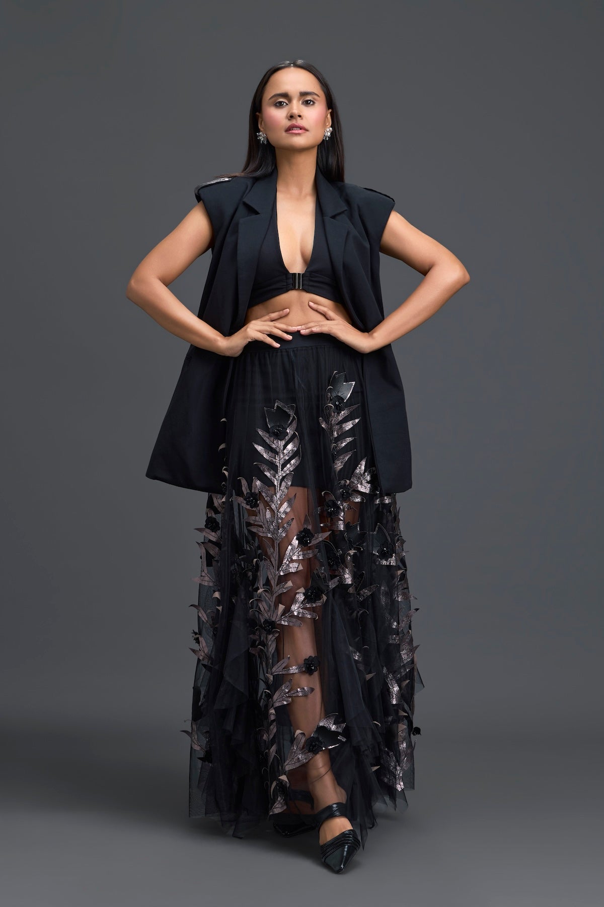 Black Sleeveless Vest and Metallic Leaf Tulle Skirt Set