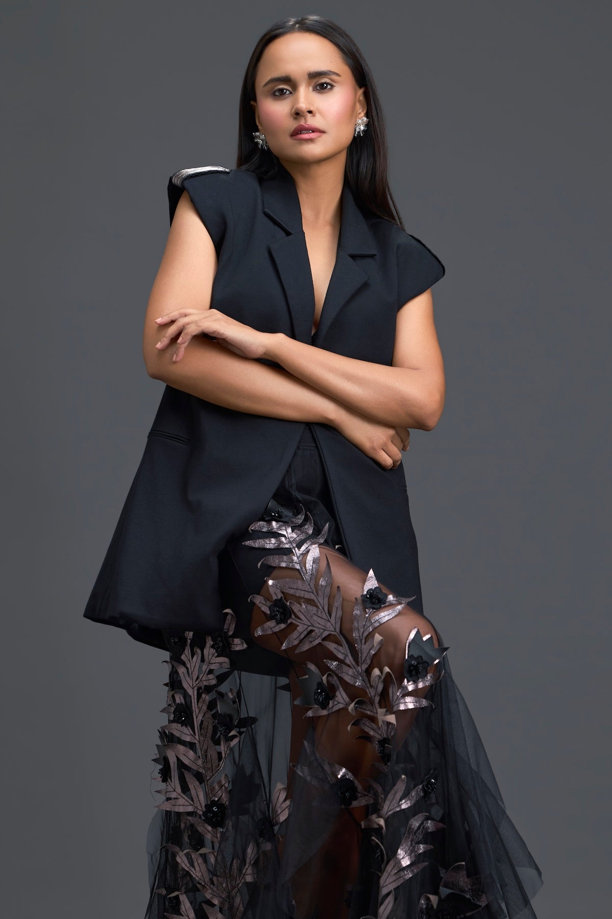 Black Sleeveless Vest and Metallic Leaf Tulle Skirt Set